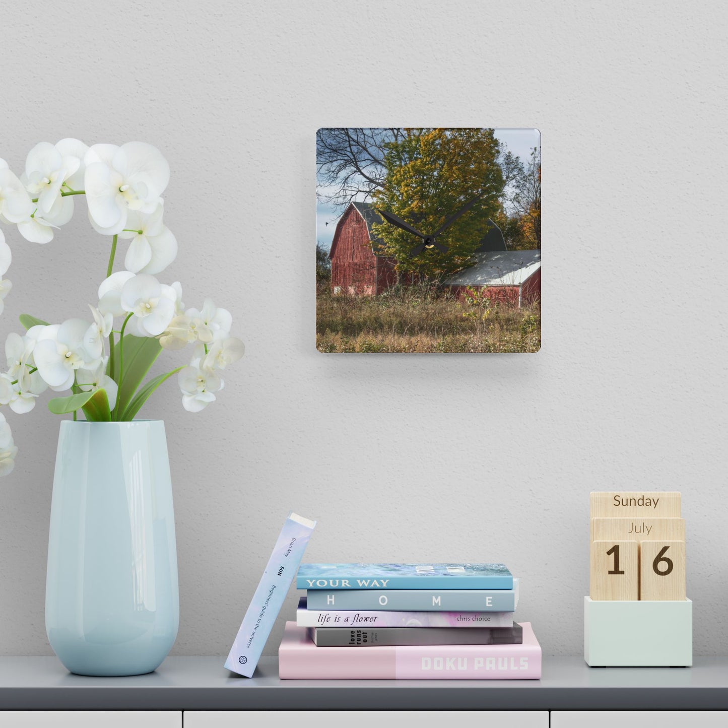 U R There Photography Bowers Road Red I Rustic Farmhouse Acrylic Analog Wall Clock