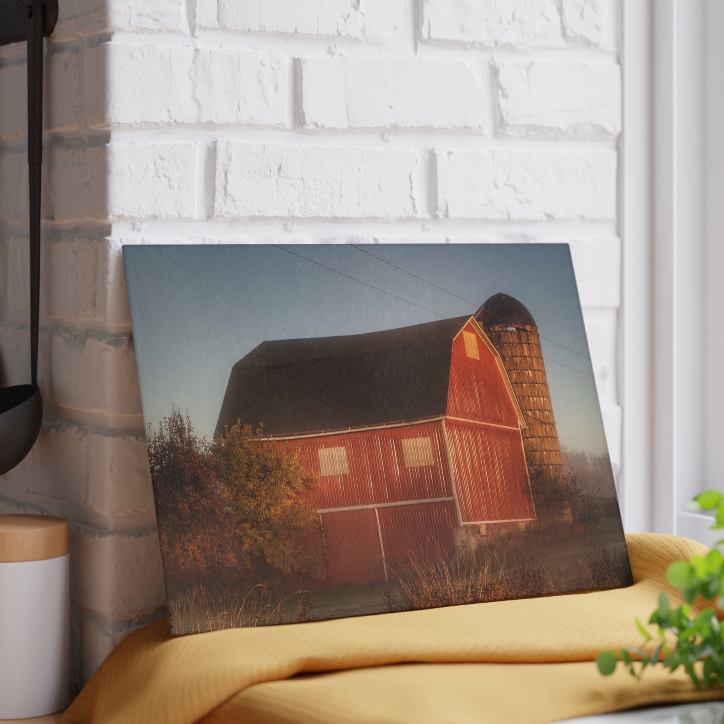U R There Photography Klam Road Red Meets Foggy Sunrise II Rustic Farmhouse Tempered-Glass Cutting Board