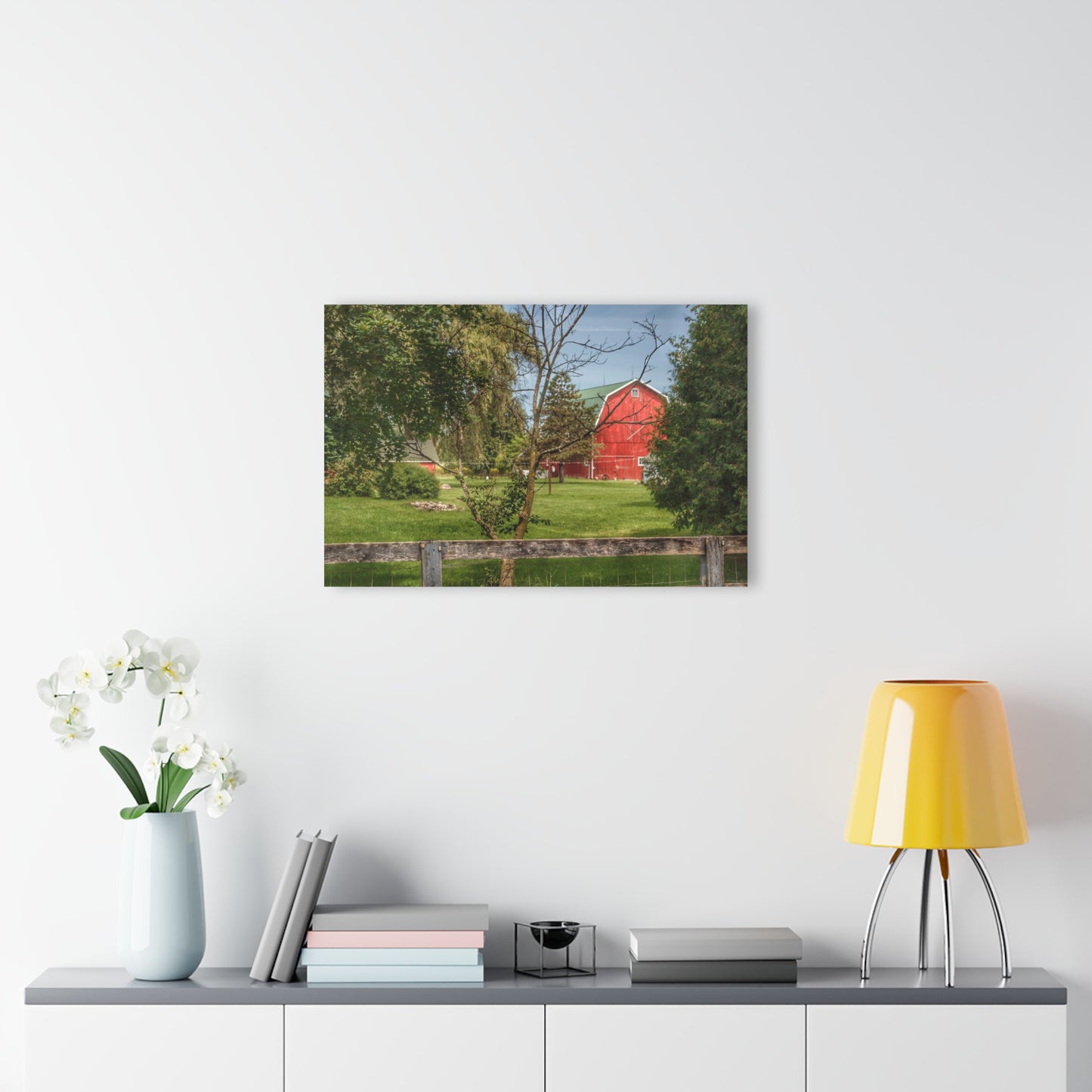 U R There Photography Roadside Red Beyond the Fence Rustic Farmhouse Acrylic Wall Print