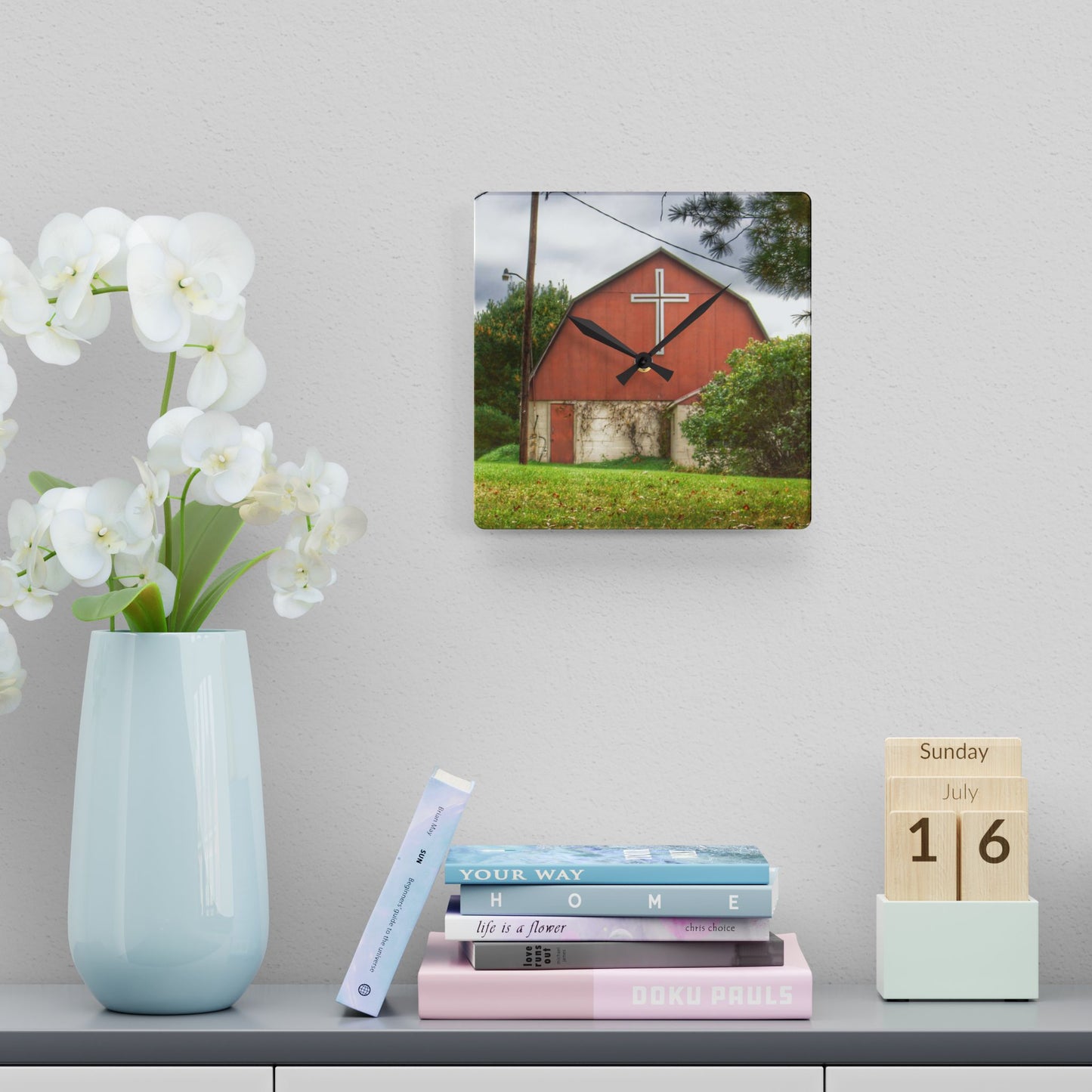 U R There Photography Flint River Road Cross Barn Rustic Farmhouse Acrylic Analog Wall Clock