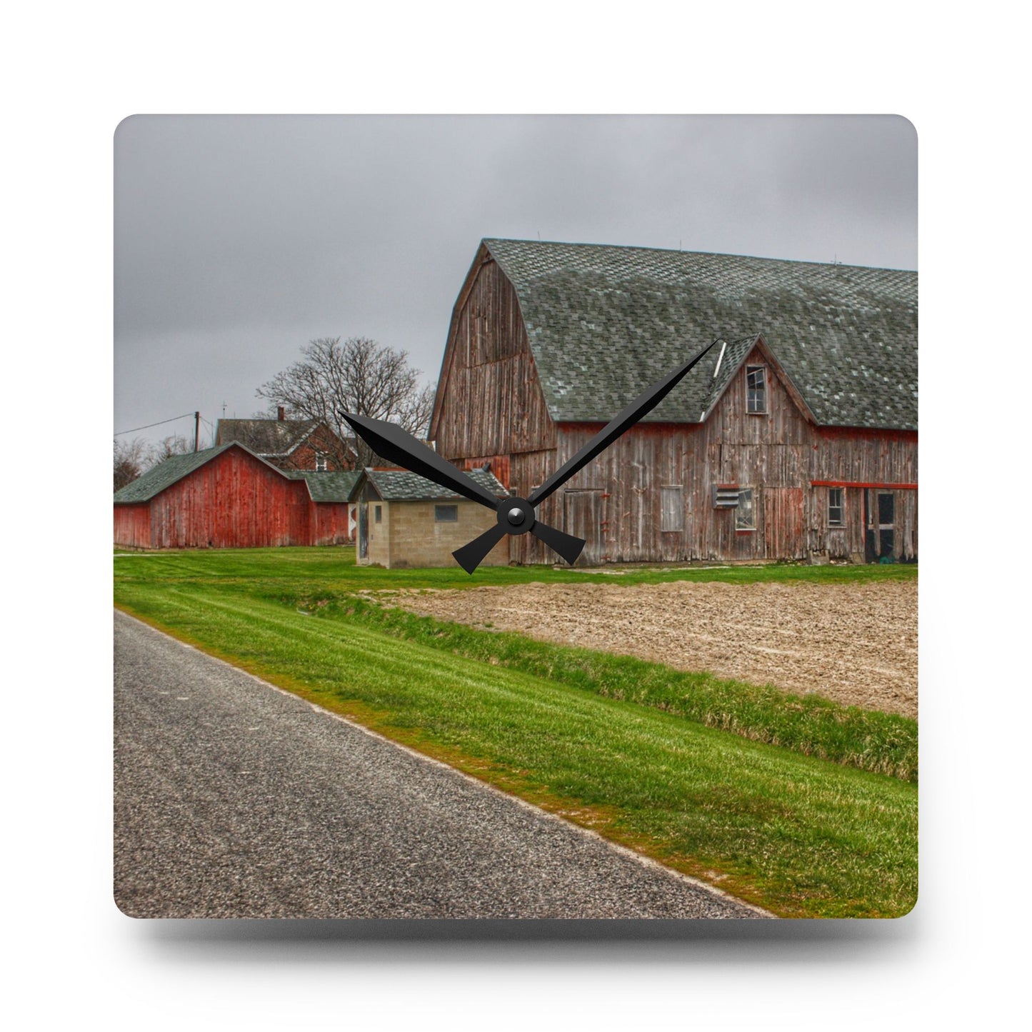 U R There Photography Roedel Roadside Reds I Rustic Farmhouse Acrylic Analog Wall Clock
