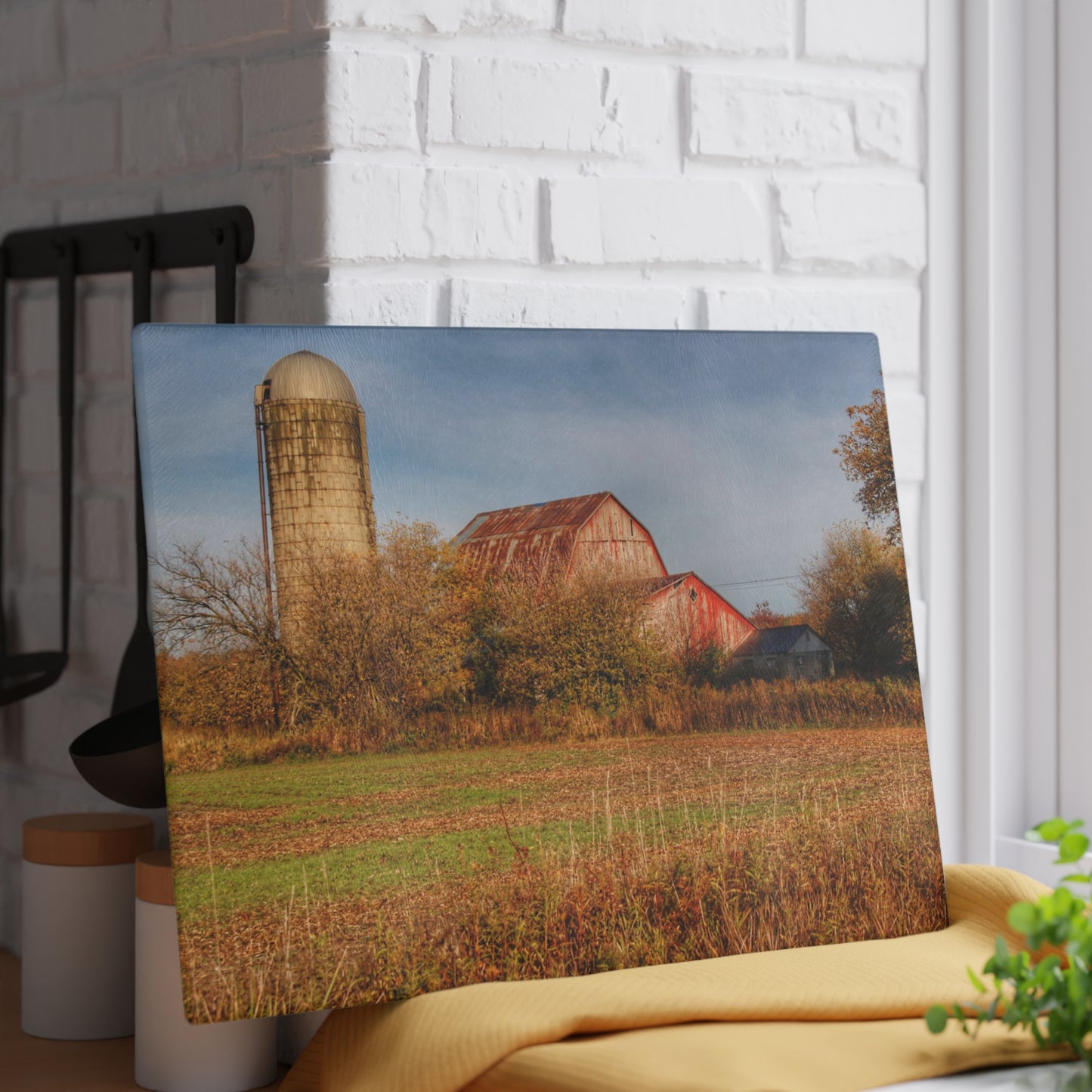 U R There Photography Cade Road Red and Silo Rustic Farmhouse Tempered-Glass Cutting Board