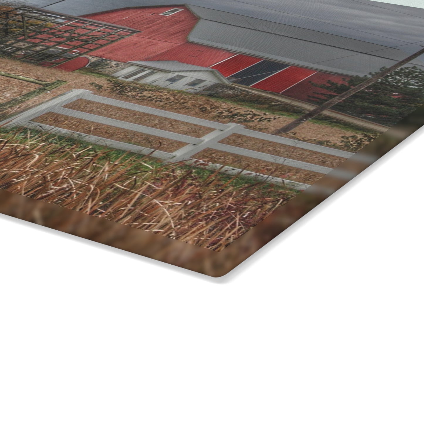 U R There Photography Barnes Road Red in Fall Rustic Farmhouse Tempered-Glass Cutting Board