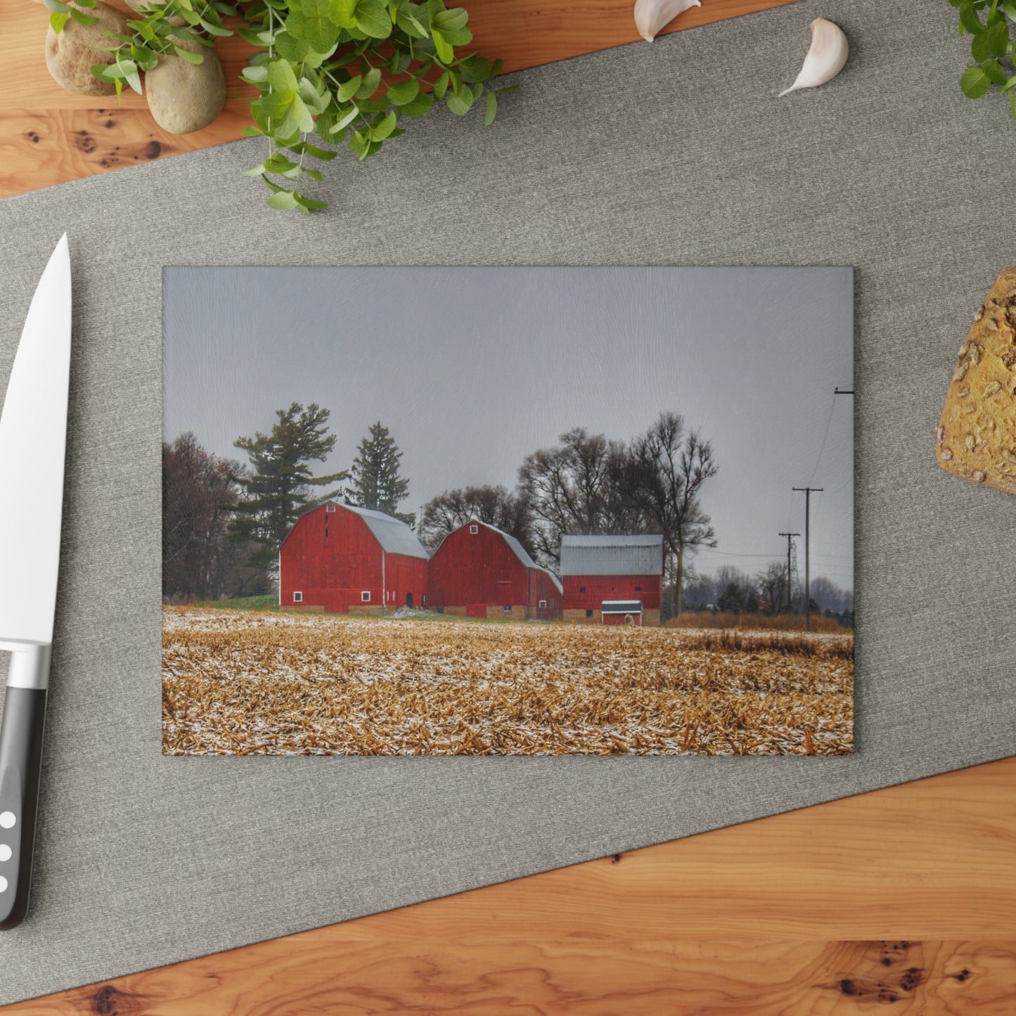 U R There Photography Shoemaker Road Winter Reds II Rustic Farmhouse Tempered-Glass Cutting Board