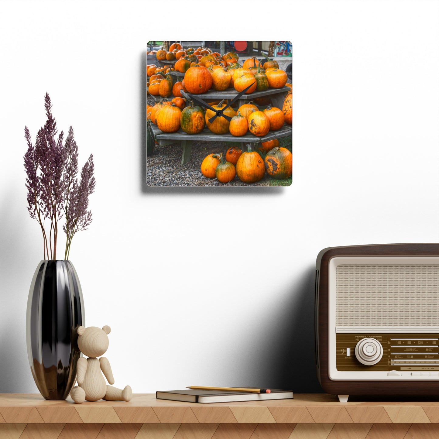 U R There Photography Tabletop Pumpkins Rustic Farmhouse Acrylic Analog Wall Clock
