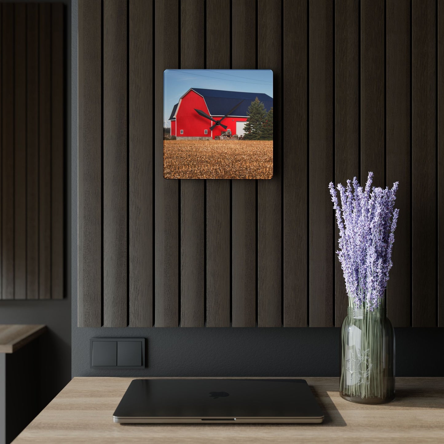 U R There Photography Kirk Road Modern Red Rustic Farmhouse Acrylic Analog Wall Clock