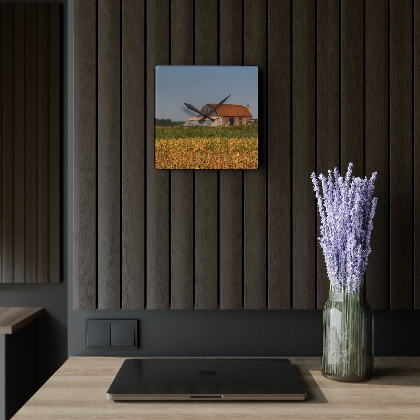 U R There Photography Slattery Road Saltbox Grey Rustic Farmhouse Acrylic Analog Wall Clock