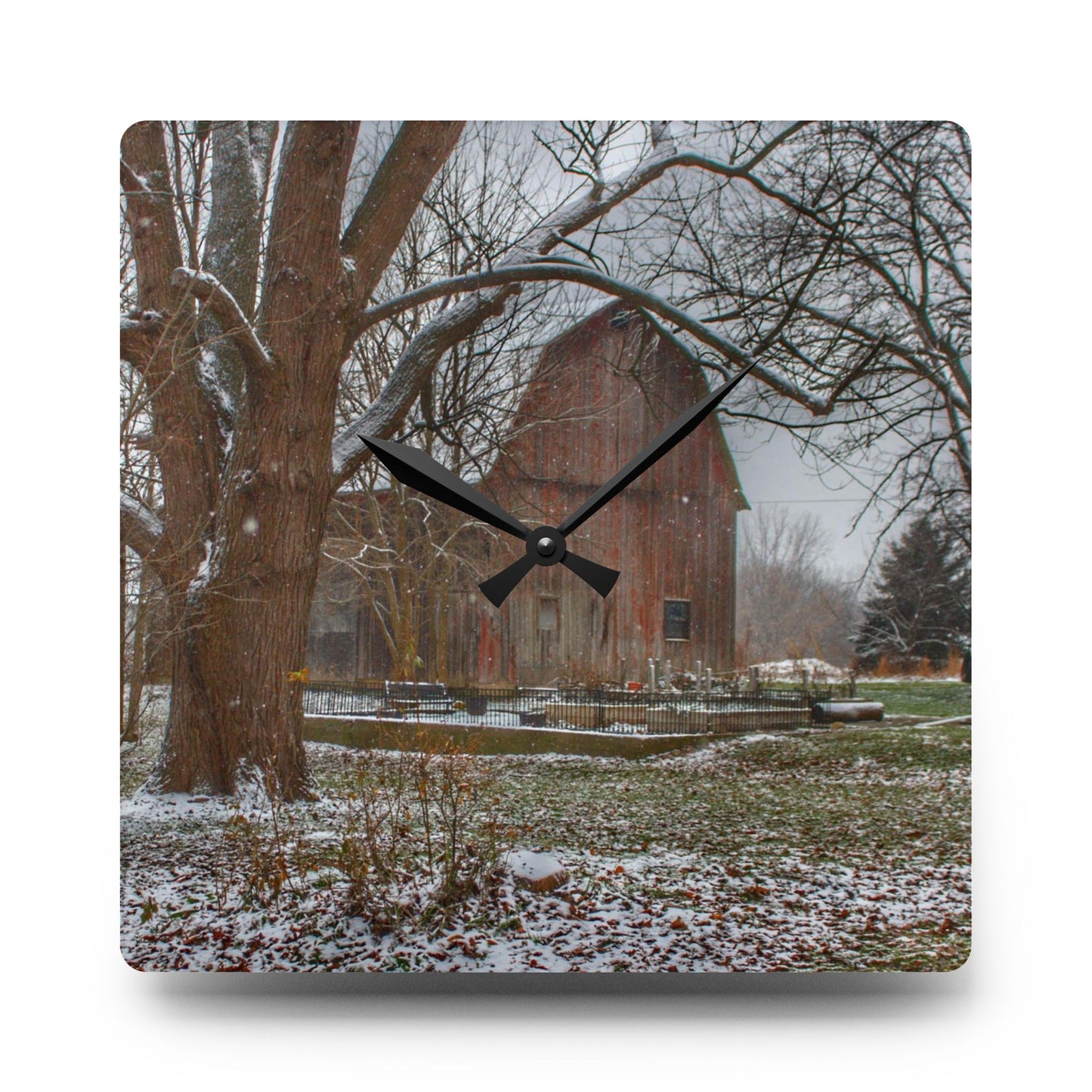 U R There Photography Bishop Road Winter Red Rustic Farmhouse Acrylic Analog Wall Clock