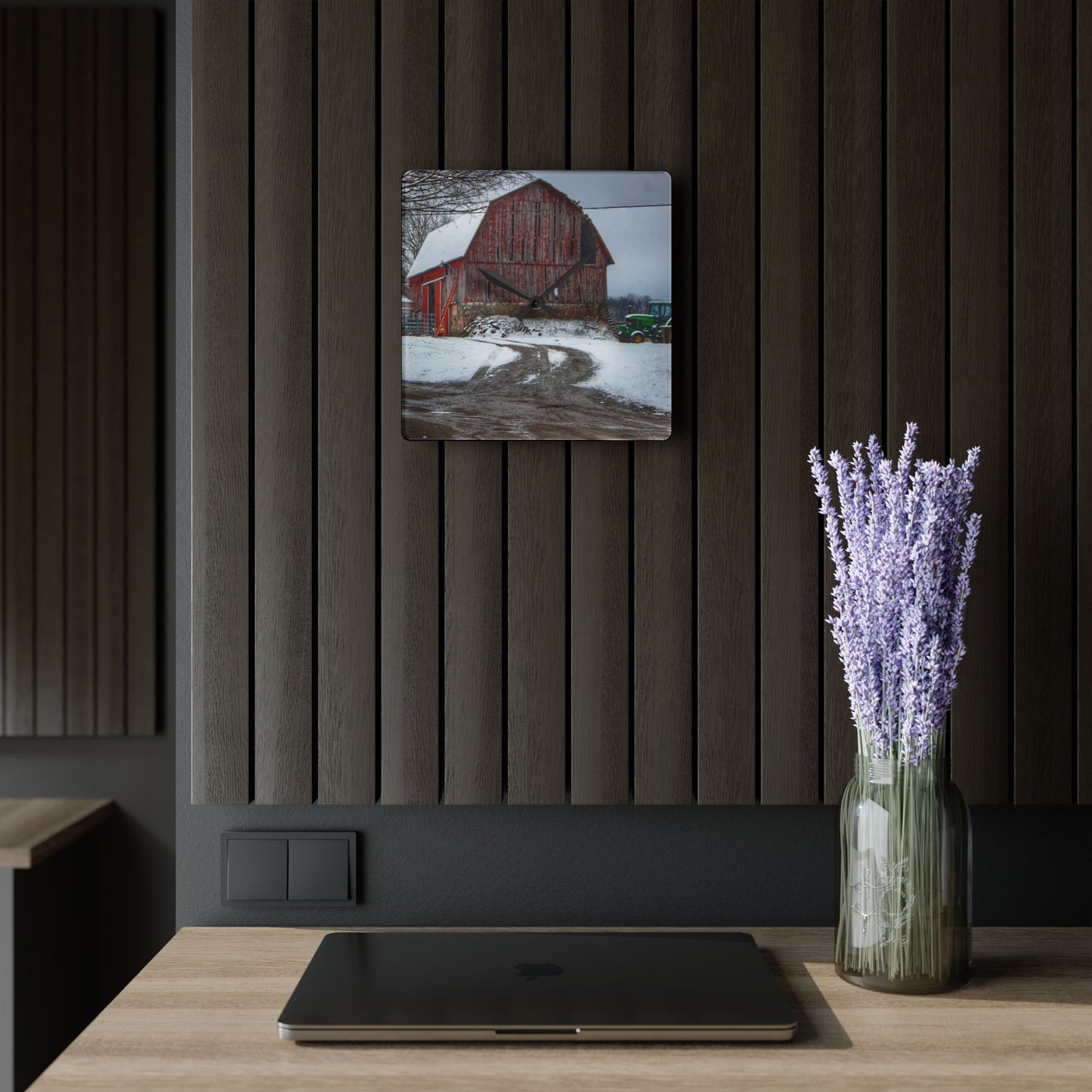 U R There Photography Marathon Road Red in Winter Rustic Farmhouse Acrylic Analog Wall Clock