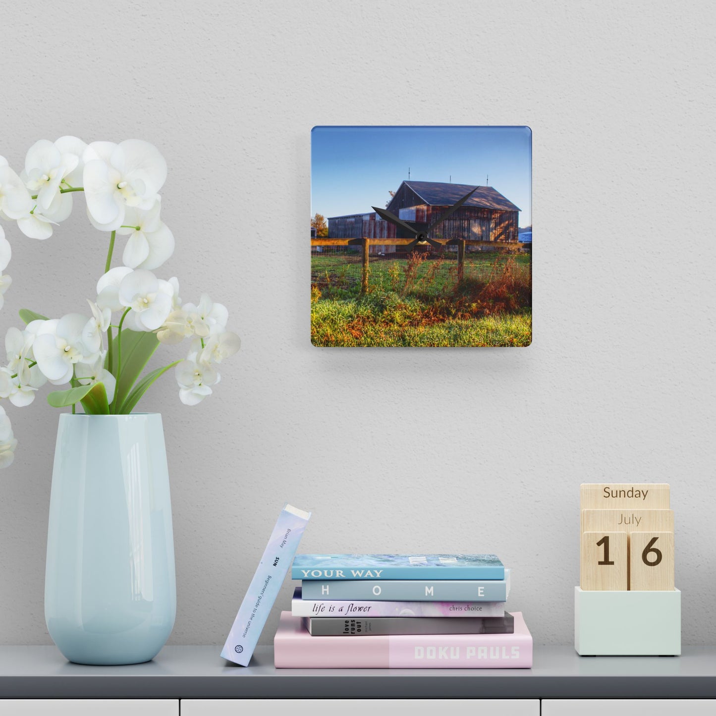 U R There Photography Hunters Creek Grey Saltbox Rustic Farmhouse Acrylic Analog Wall Clock