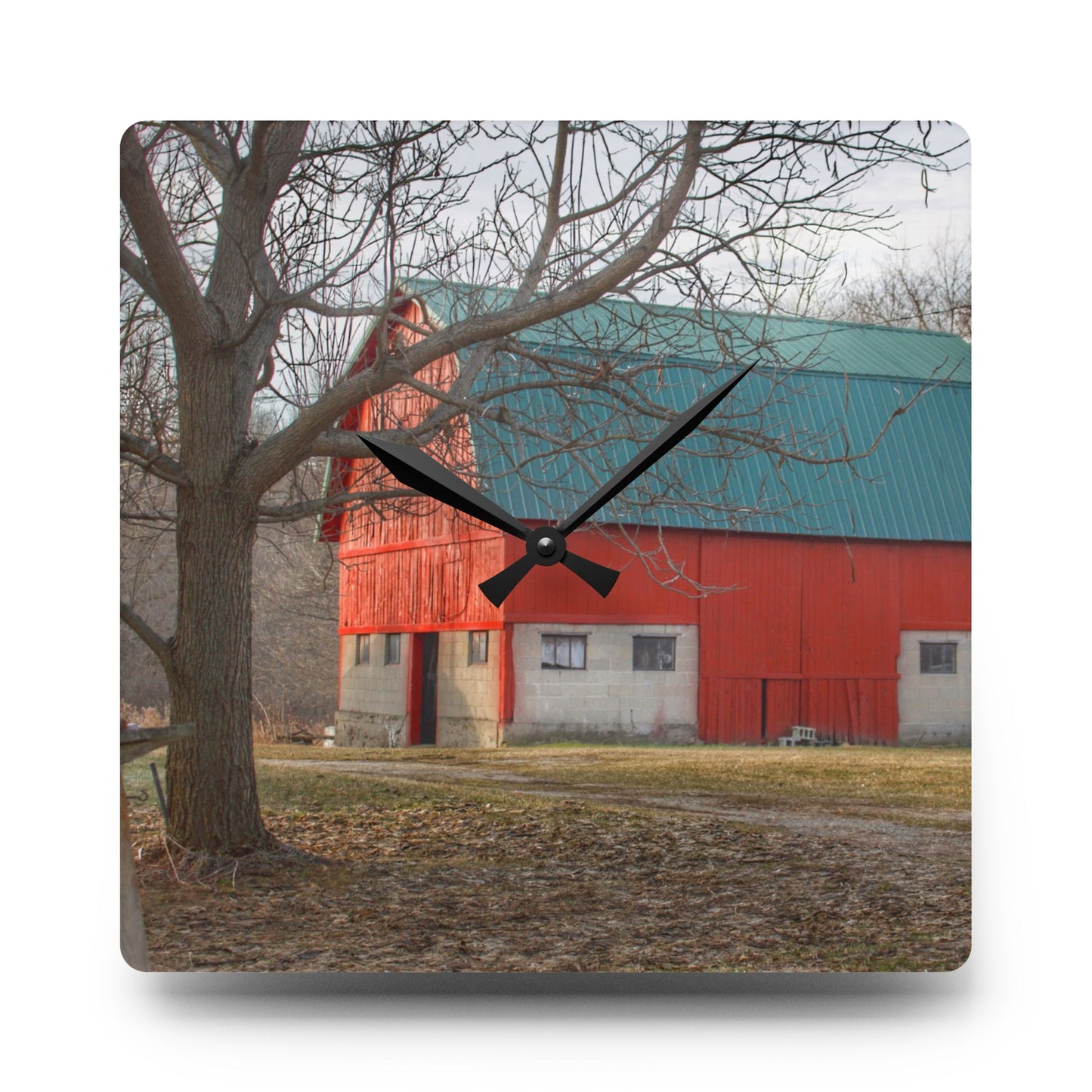 U R There Photography Wilson Road Red and Silo I Rustic Farmhouse Acrylic Analog Wall Clock