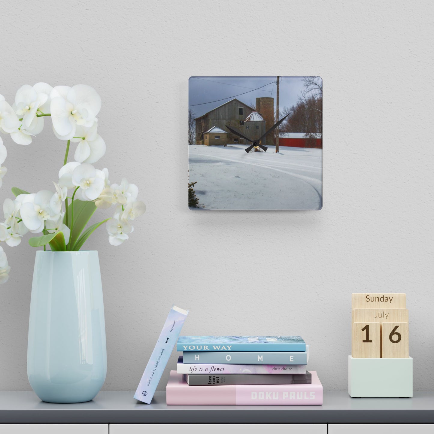 U R There Photography Hilltop Grey and Silo Rustic Farmhouse Acrylic Analog Wall Clock