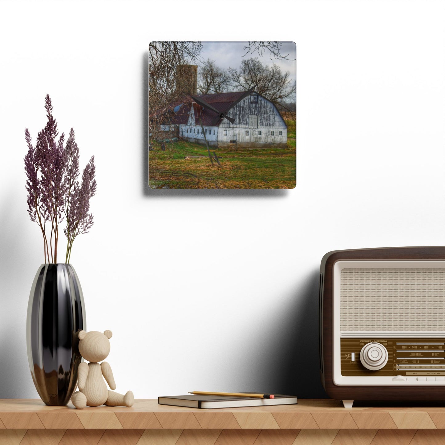 Rustic Farmhouse Wall Clock featuring Otter Lake Road White