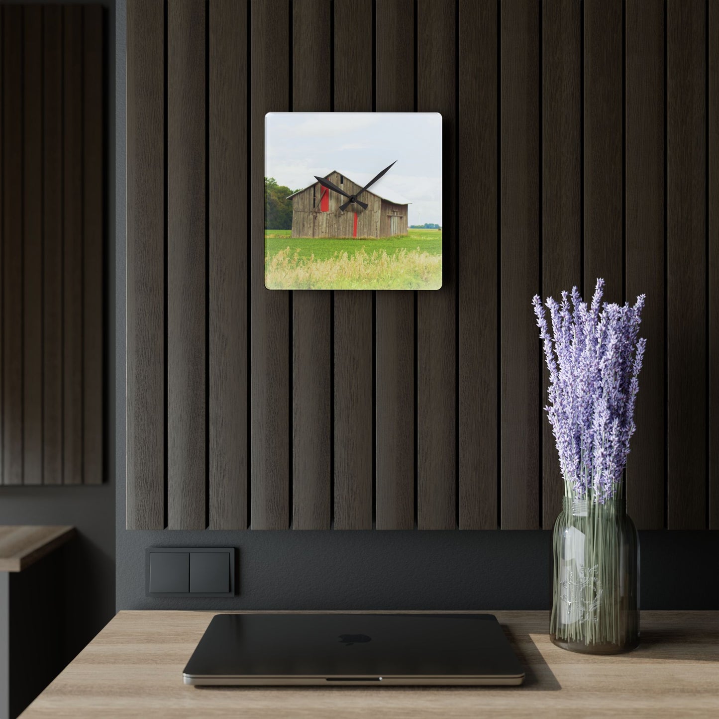 U R There Photography Square Barn with Barn in the Distance Rustic Farmhouse Acrylic Analog Wall Clock