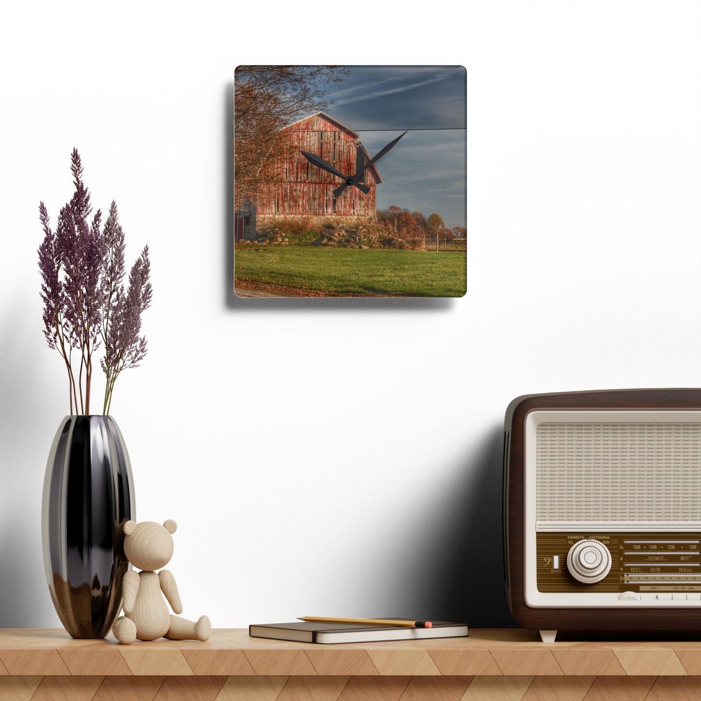 U R There Photography Marathon Road Red Cow Barn Rustic Farmhouse Acrylic Analog Wall Clock