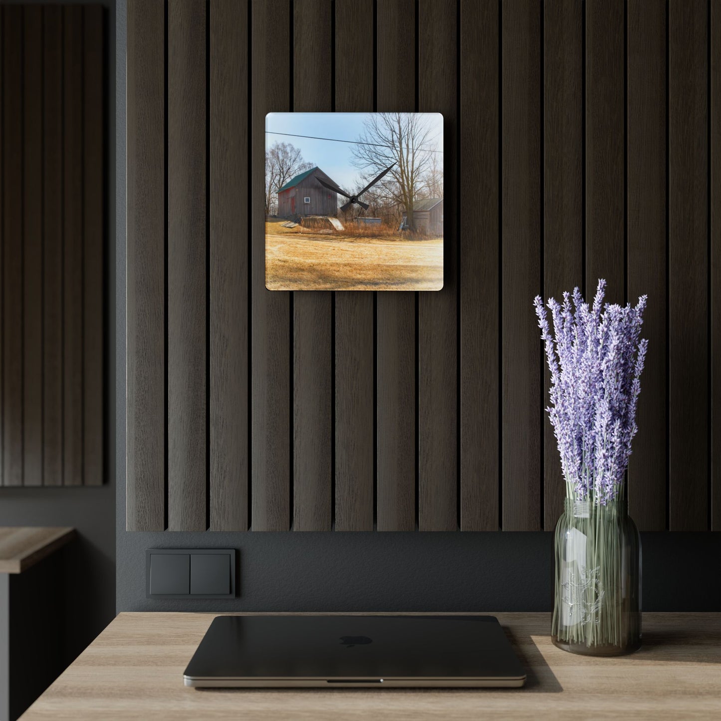 U R There Photography Klam Road Hillside Greys Rustic Farmhouse Acrylic Analog Wall Clock