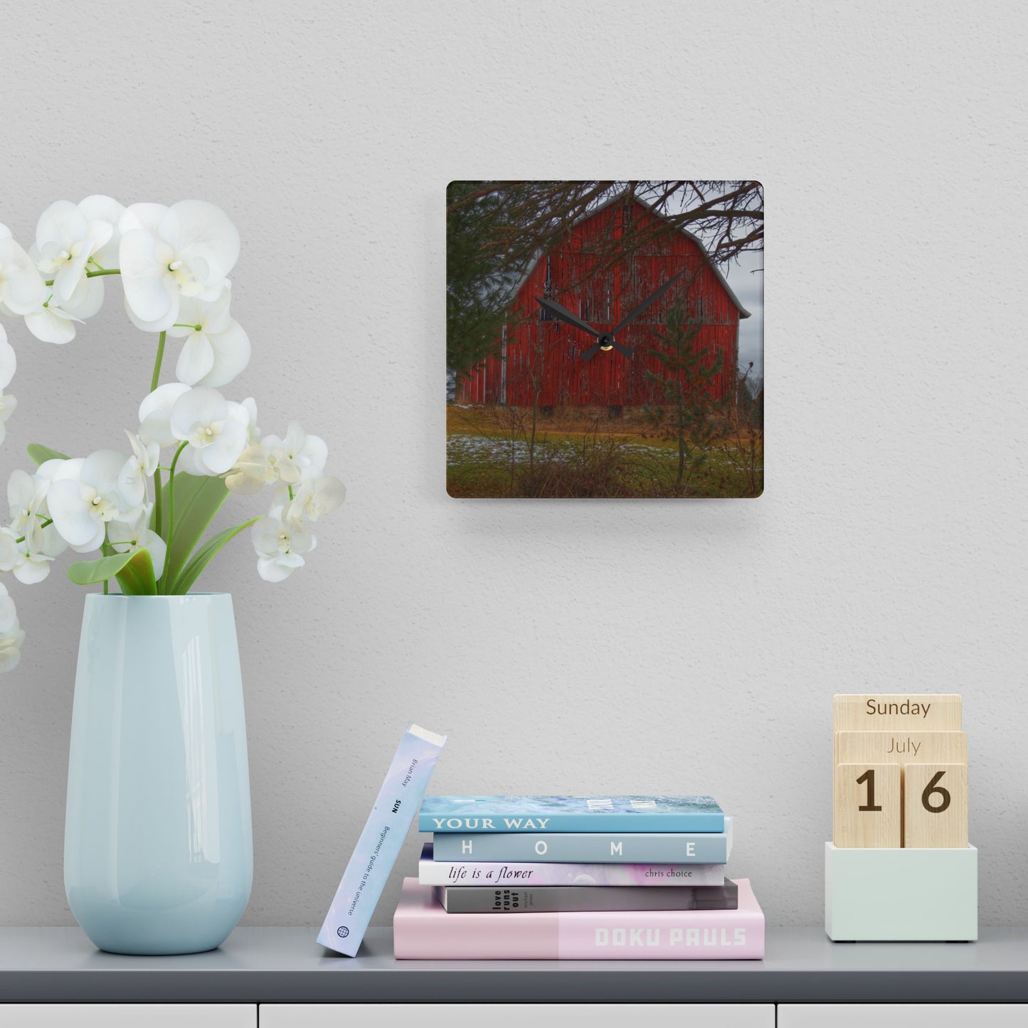 U R There Photography Johnsonmill Road Hidden Red Rustic Farmhouse Acrylic Analog Wall Clock