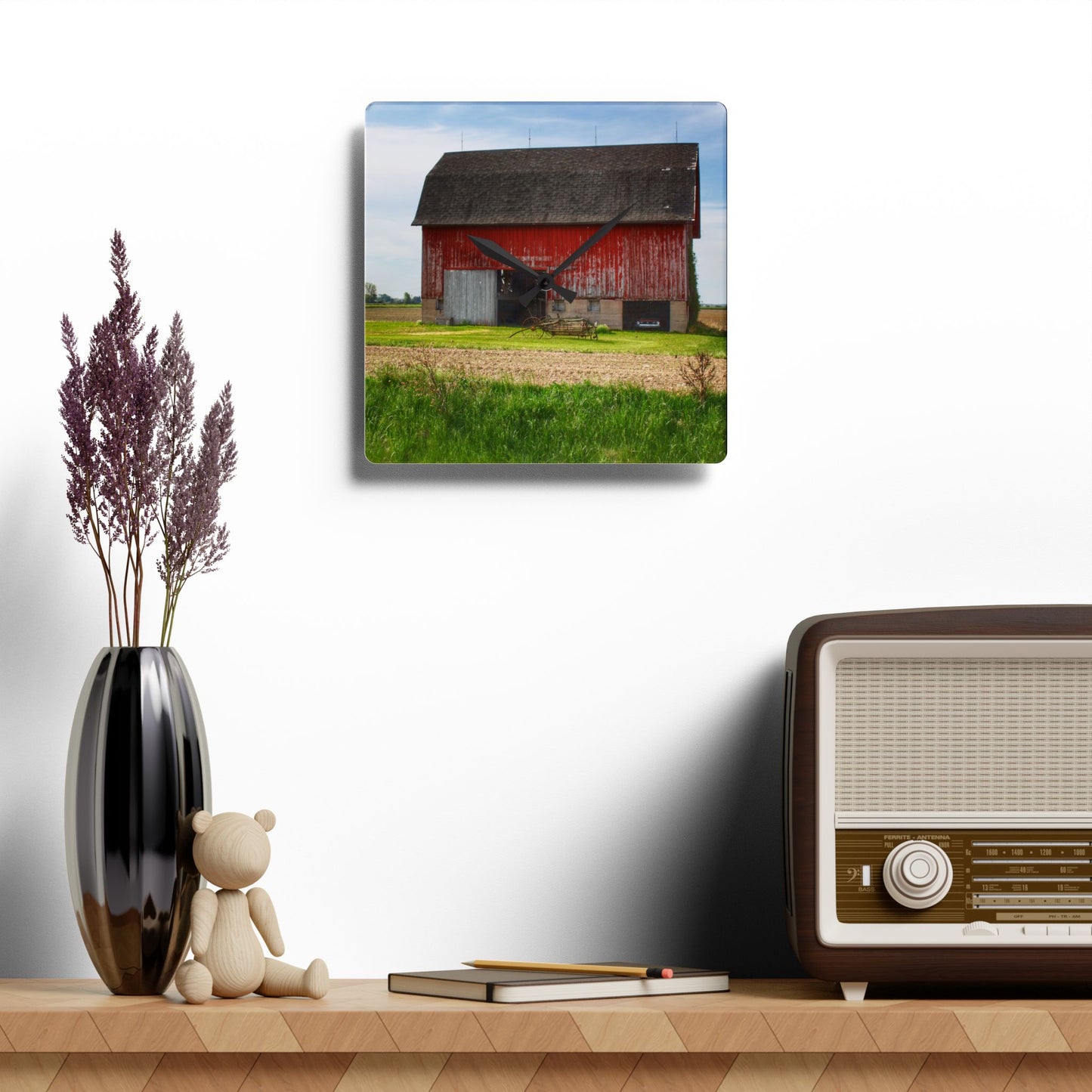 U R There Photography Unionville Elmwood Road Red II Rustic Farmhouse Acrylic Analog Wall Clock