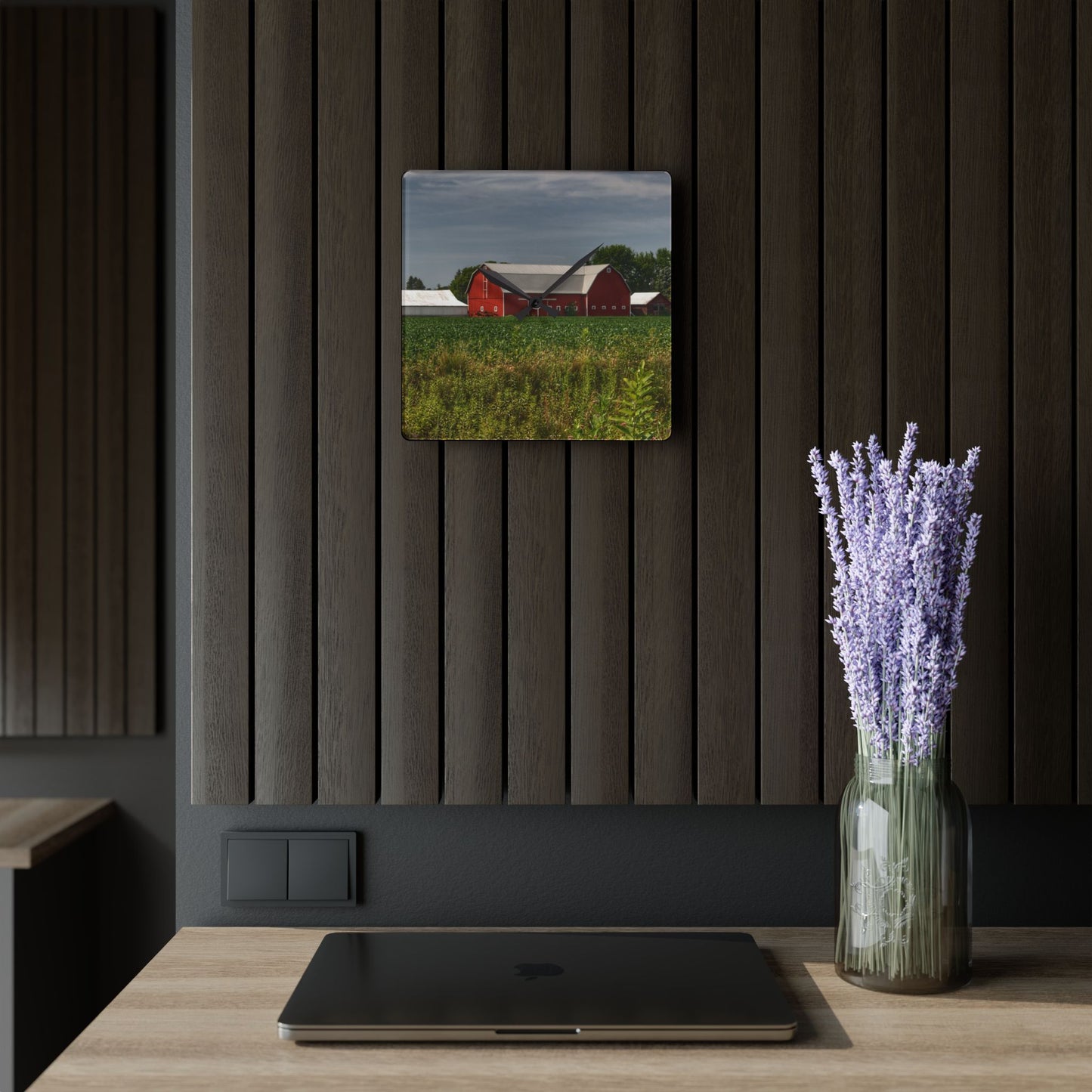 U R There Photography Townline Road Red Rustic Farmhouse Acrylic Analog Wall Clock