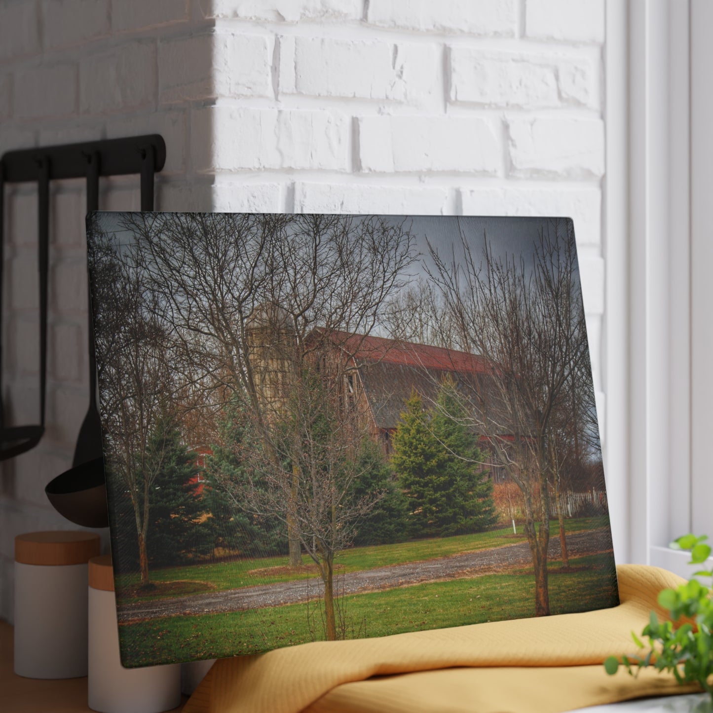 U R There Photography Rusted Red Beyond the Pines Rustic Farmhouse Tempered-Glass Cutting Board