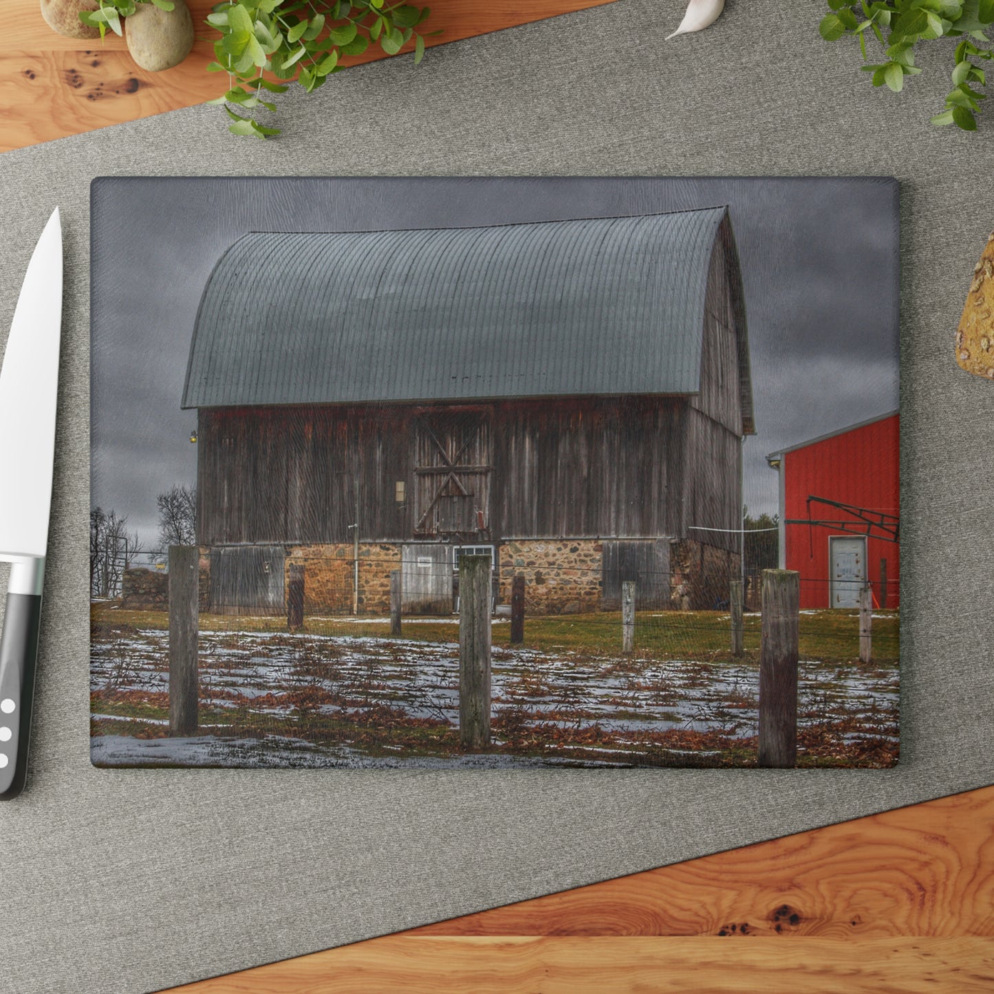 U R There Photography Schott Road Grey III Rustic Farmhouse Tempered-Glass Cutting Board