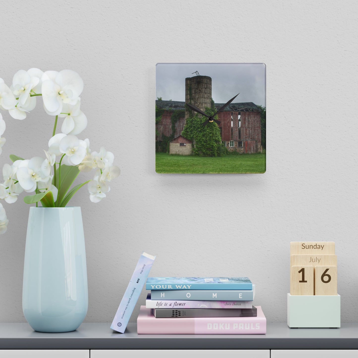 U R There Photography Imlay City Road Red I Rustic Farmhouse Acrylic Analog Wall Clock