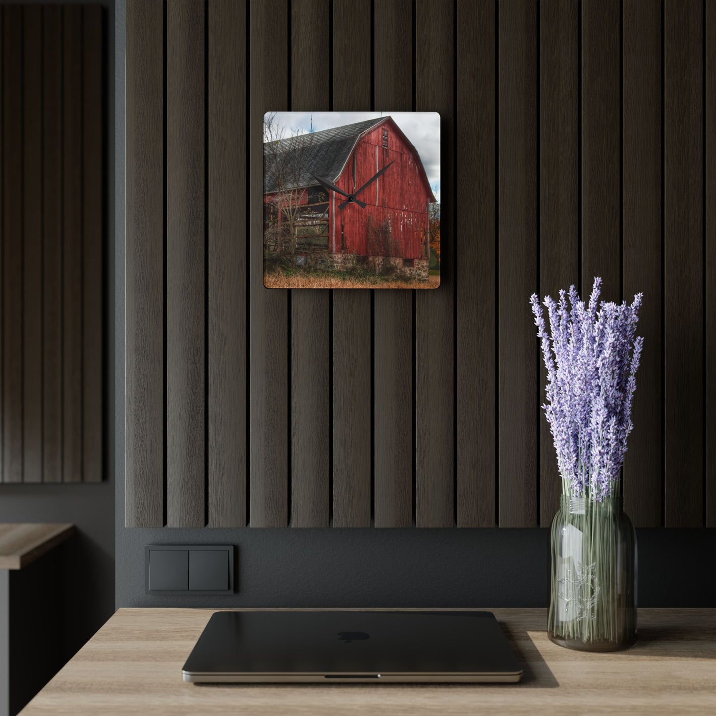 U R There Photography Laur Road Forgotten Red II Rustic Farmhouse Acrylic Analog Wall Clock