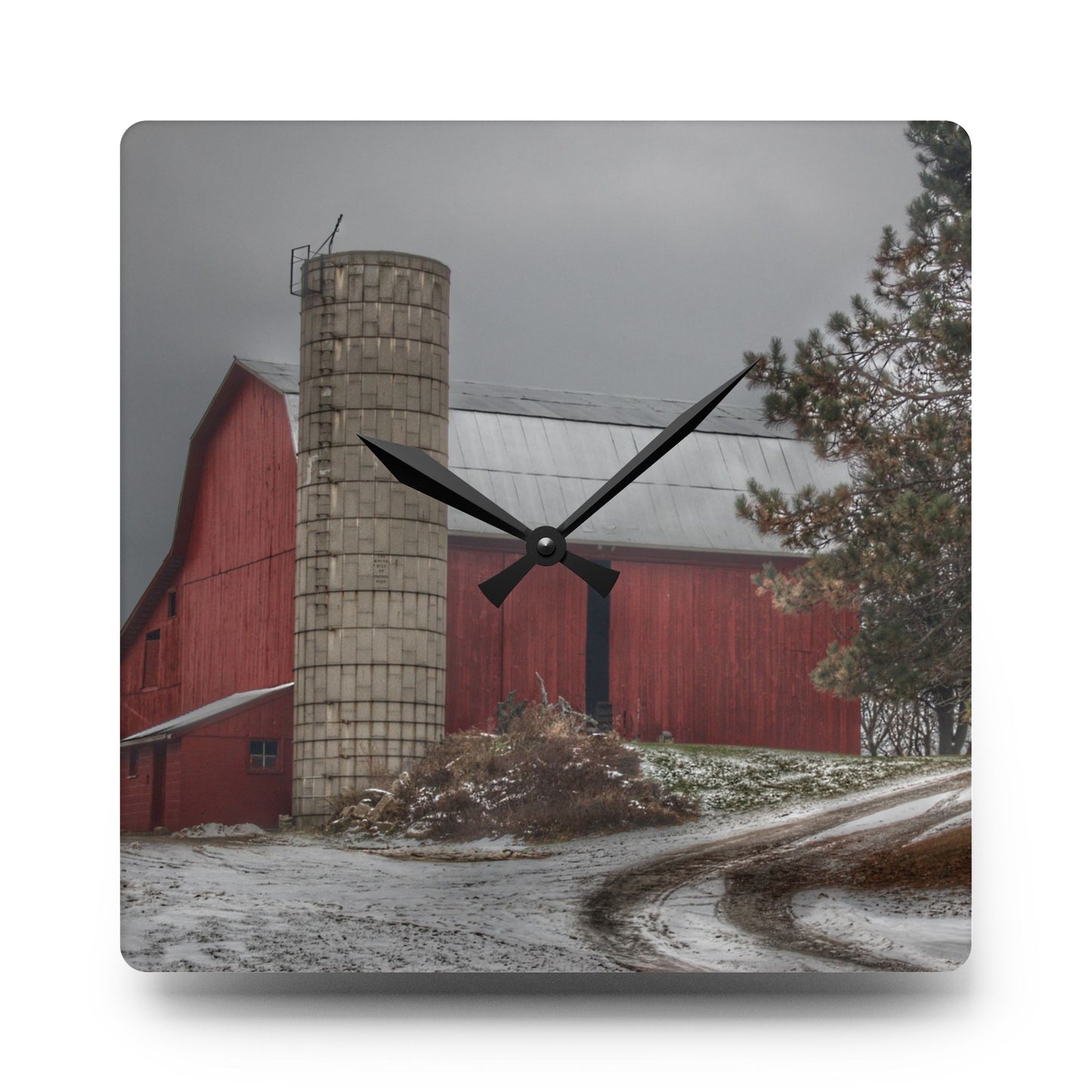 U R There Photography South Kirk Road Red Rustic Farmhouse Acrylic Analog Wall Clock