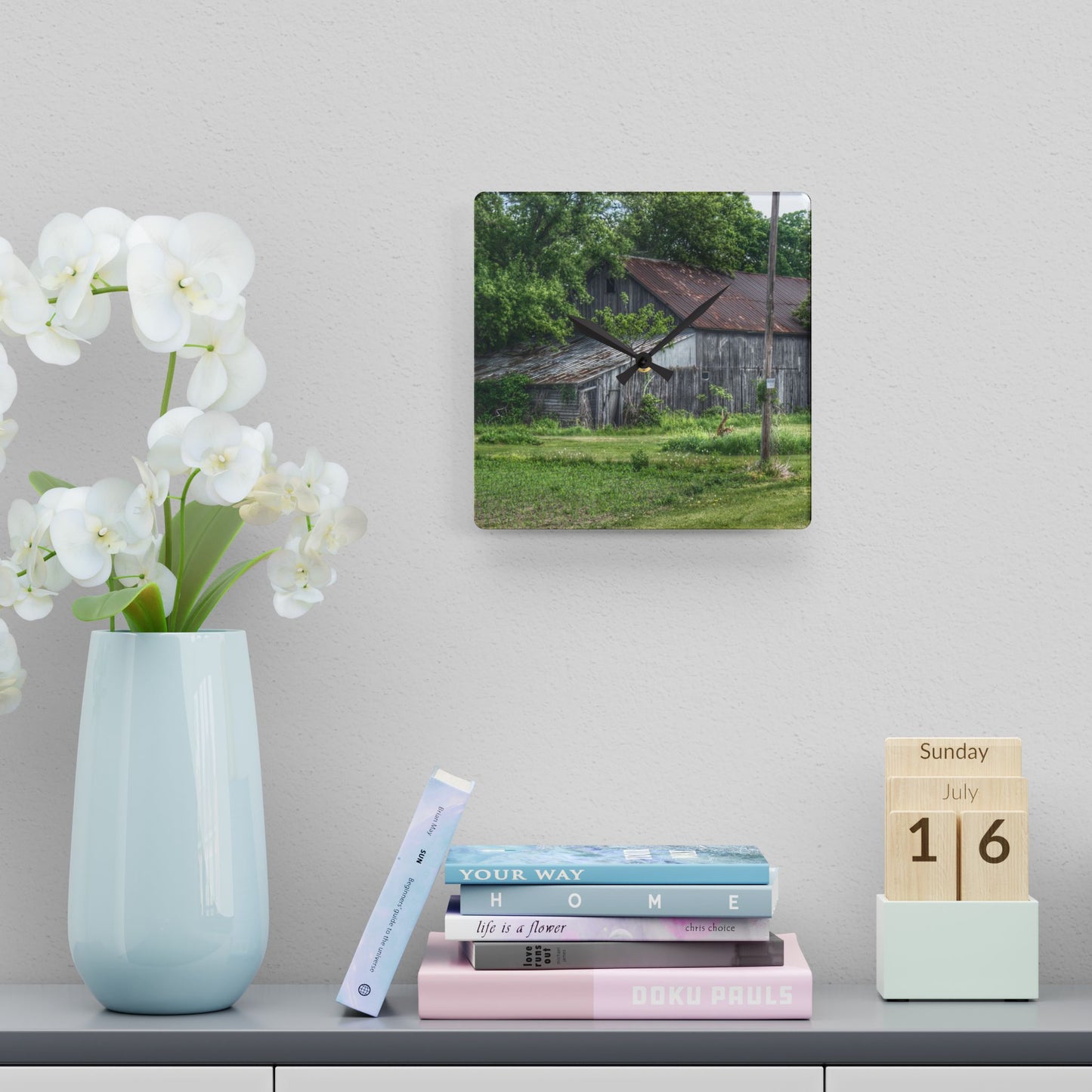 U R There Photography Frankenmuth Grey Saltbox Rustic Farmhouse Acrylic Analog Wall Clock