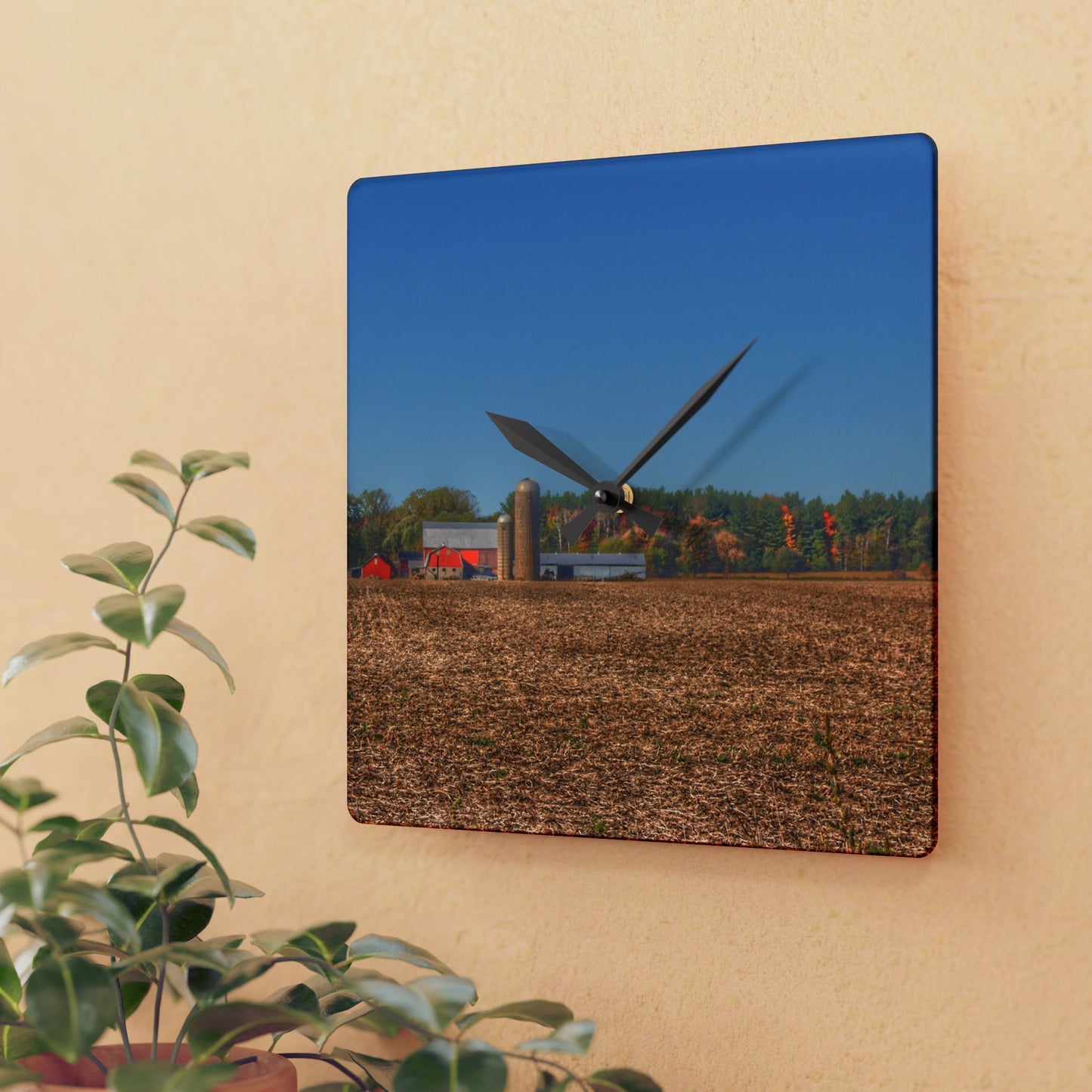 U R There Photography Rowe Road Farm Across the Field Rustic Farmhouse Acrylic Analog Wall Clock