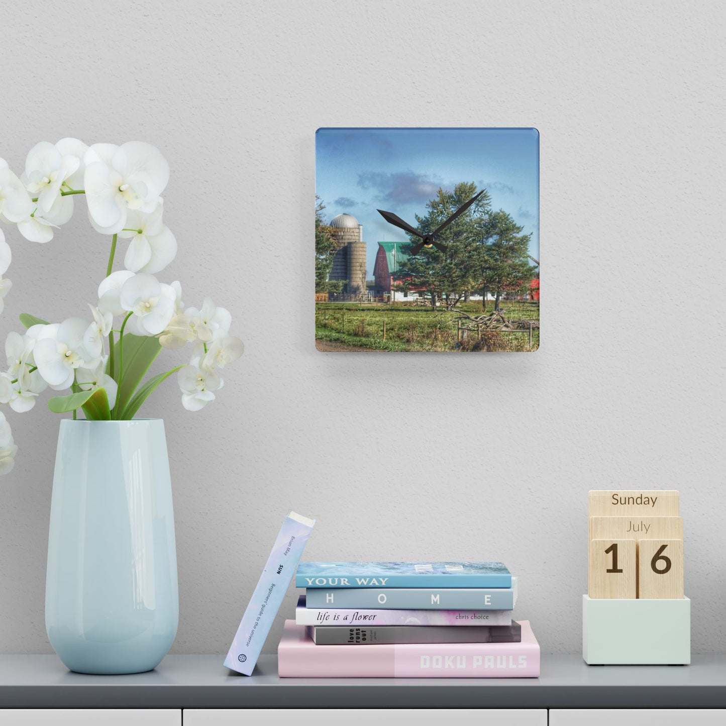U R There Photography Croswell Wagner Road Red Rustic Farmhouse Acrylic Analog Wall Clock