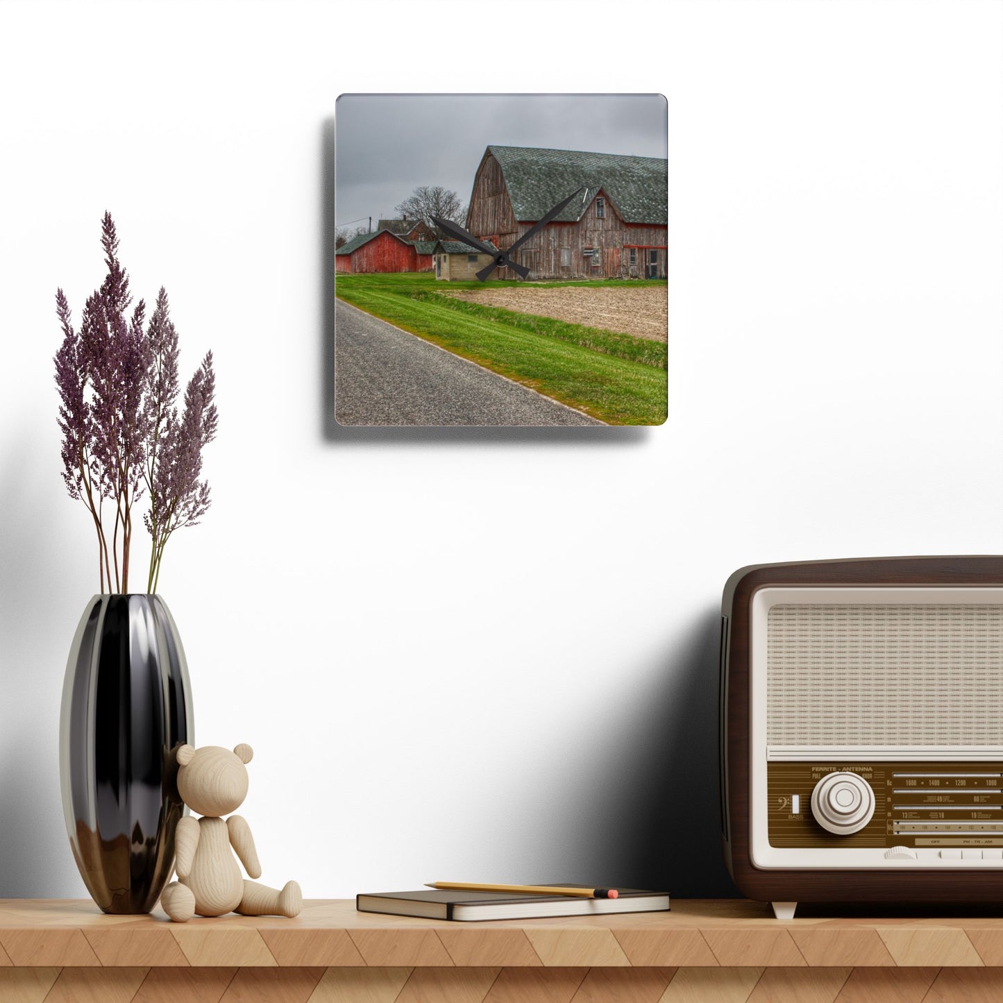 U R There Photography Roedel Roadside Reds I Rustic Farmhouse Acrylic Analog Wall Clock