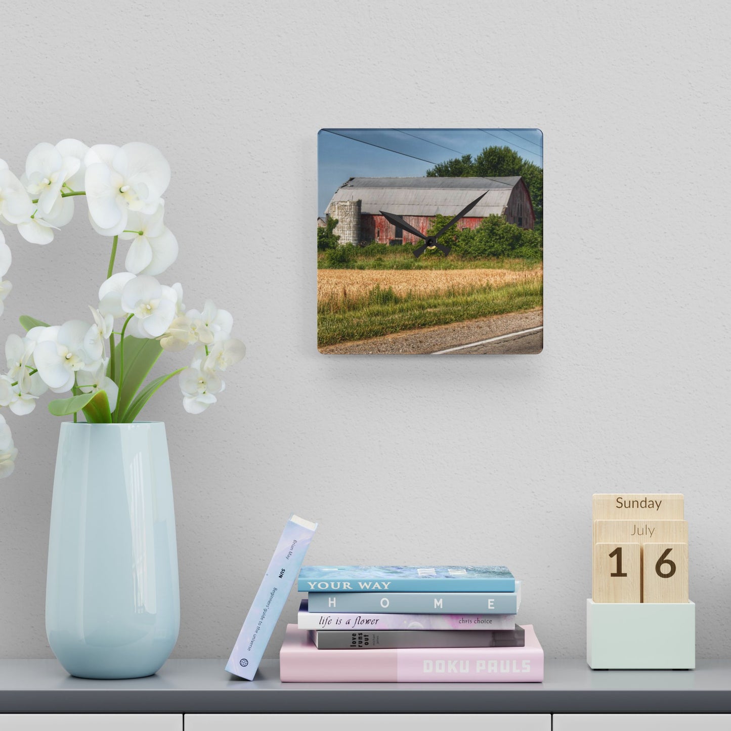 U R There Photography Dodge Road Old Red Rustic Farmhouse Acrylic Analog Wall Clock