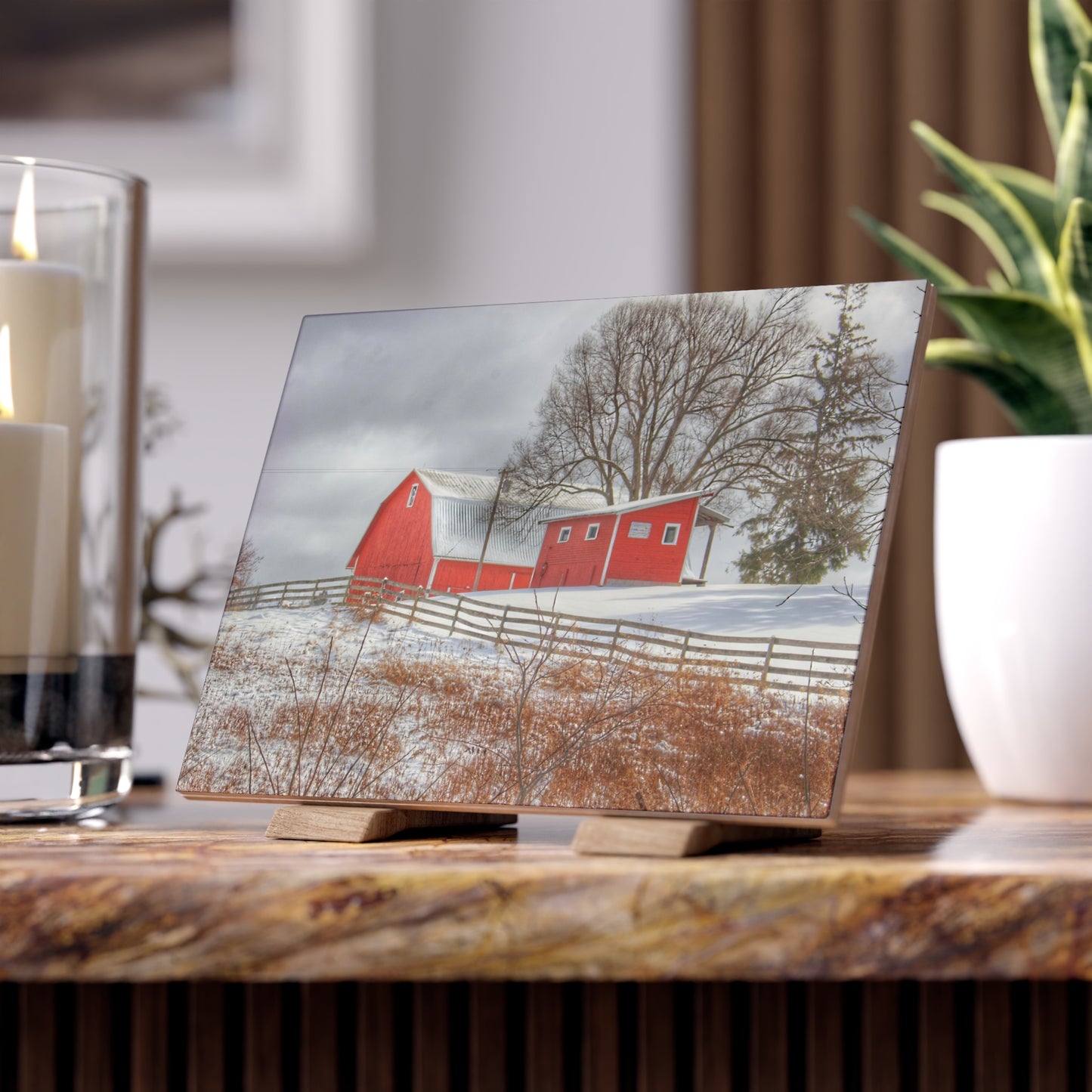 U R There Photography Catlin Red and Fence II Rustic Farmhouse Decorative Ceramic Tile