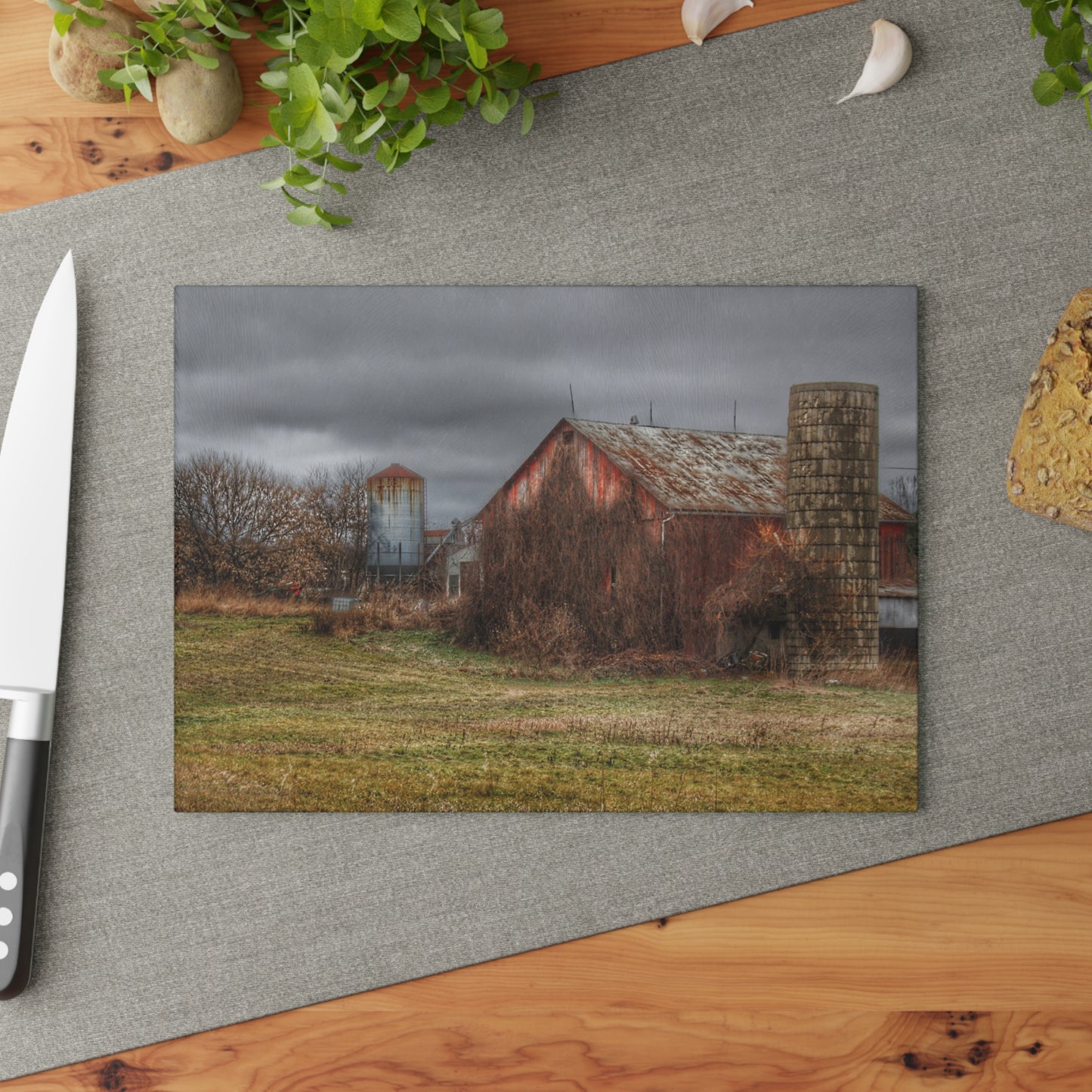 U R There Photography Slattery Road Old Red and Silo II Rustic Farmhouse Tempered-Glass Cutting Board 8"x 11"d