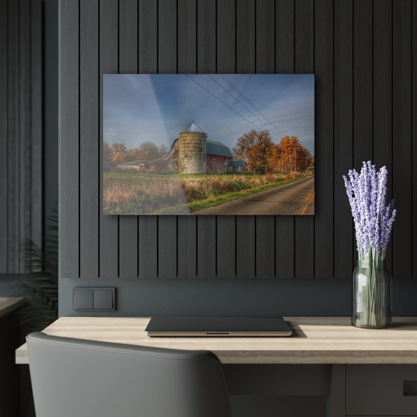 U R There Photography Plumb Creek Road Red in Fall I Rustic Farmhouse Acrylic Wall Print