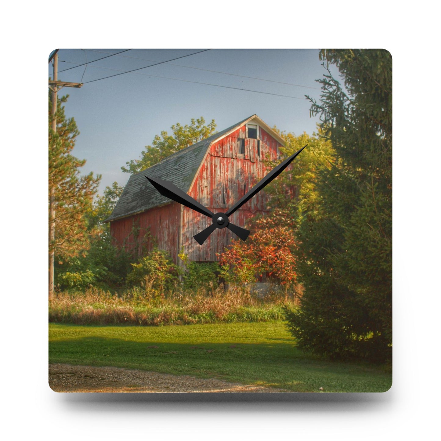 U R There Photography Belle River Red I Rustic Farmhouse Acrylic Analog Wall Clock