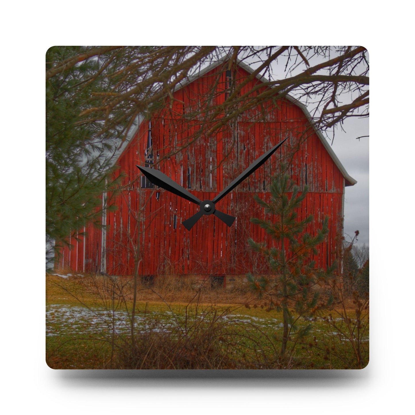 U R There Photography Johnsonmill Road Hidden Red Rustic Farmhouse Acrylic Analog Wall Clock