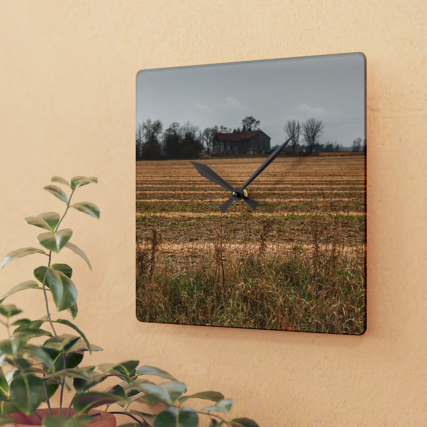 U R There Photography Freiberger Road Grey Across the Field Rustic Farmhouse Acrylic Analog Wall Clock