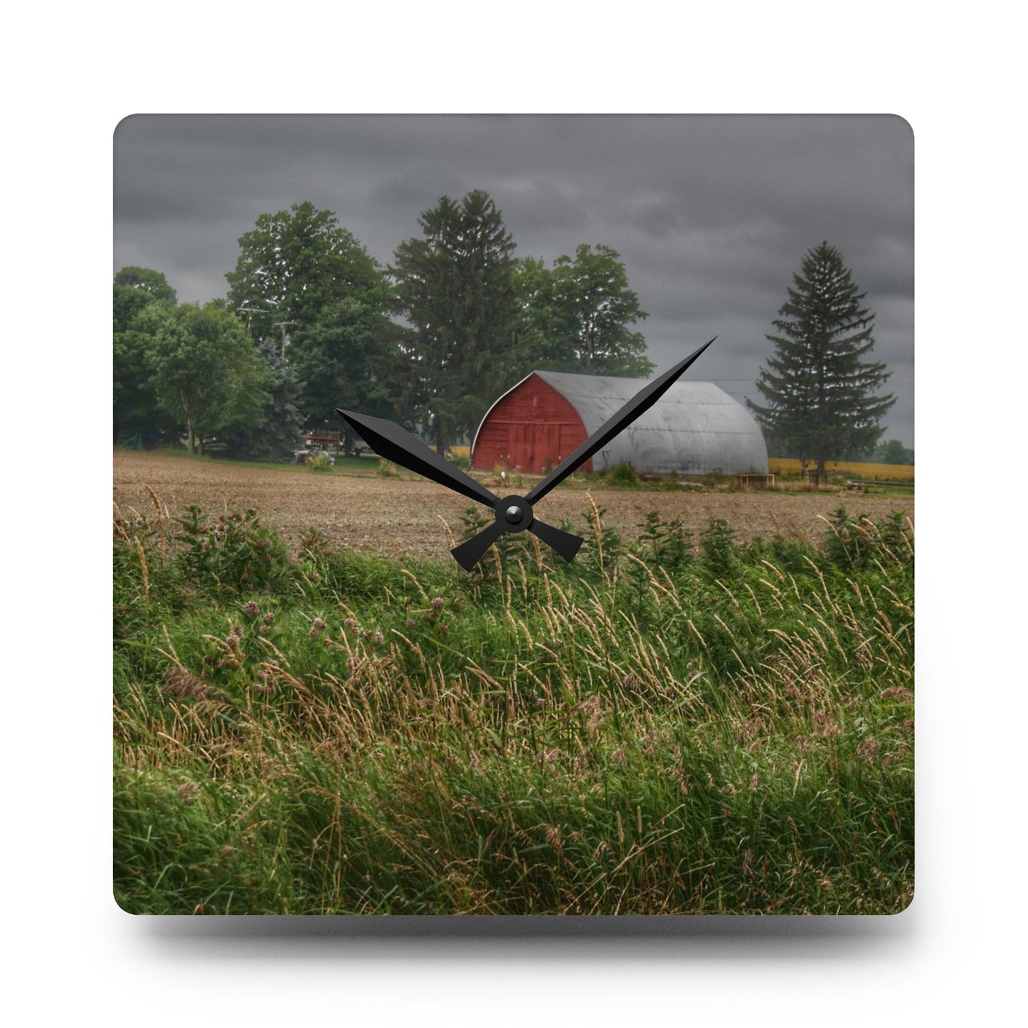 U R There Photography Mayville Road Red Quonset Rustic Farmhouse Acrylic Analog Wall Clock