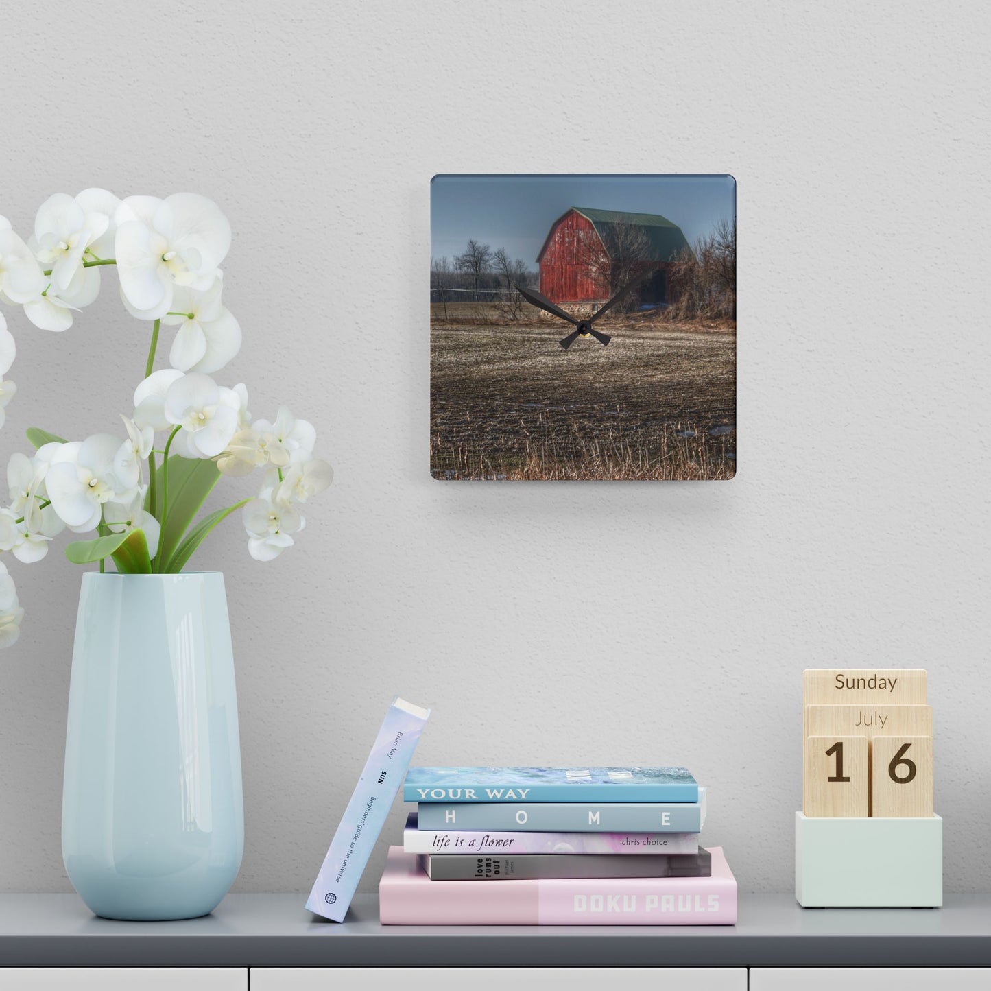 U R There Photography Bowers Road Goodland Red Rustic Farmhouse Acrylic Analog Wall Clock