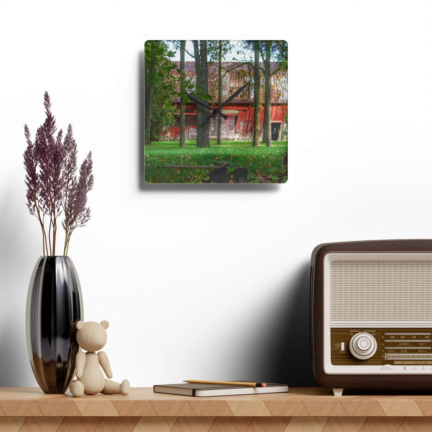 U R There Photography LeValley Falling Red Rustic Farmhouse Acrylic Analog Wall Clock
