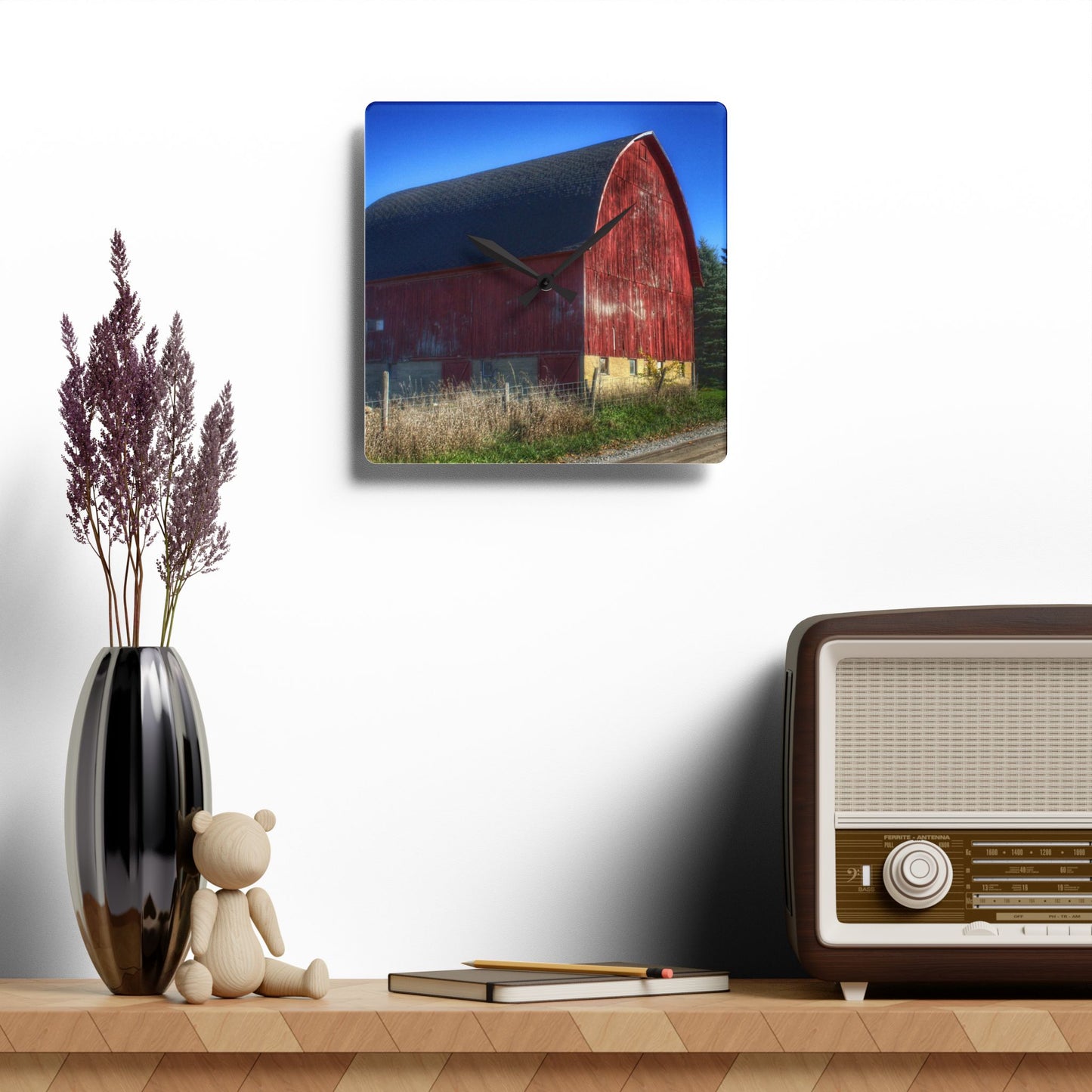 U R There Photography Big Roadside Red Rustic Farmhouse Acrylic Analog Wall Clock