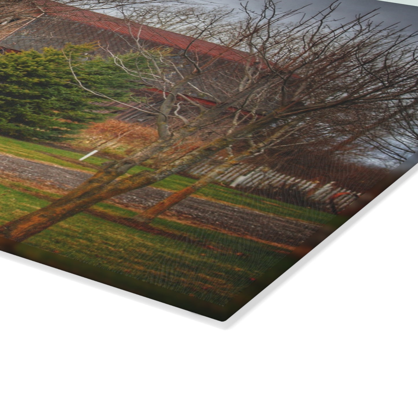 U R There Photography Rusted Red Beyond the Pines Rustic Farmhouse Tempered-Glass Cutting Board