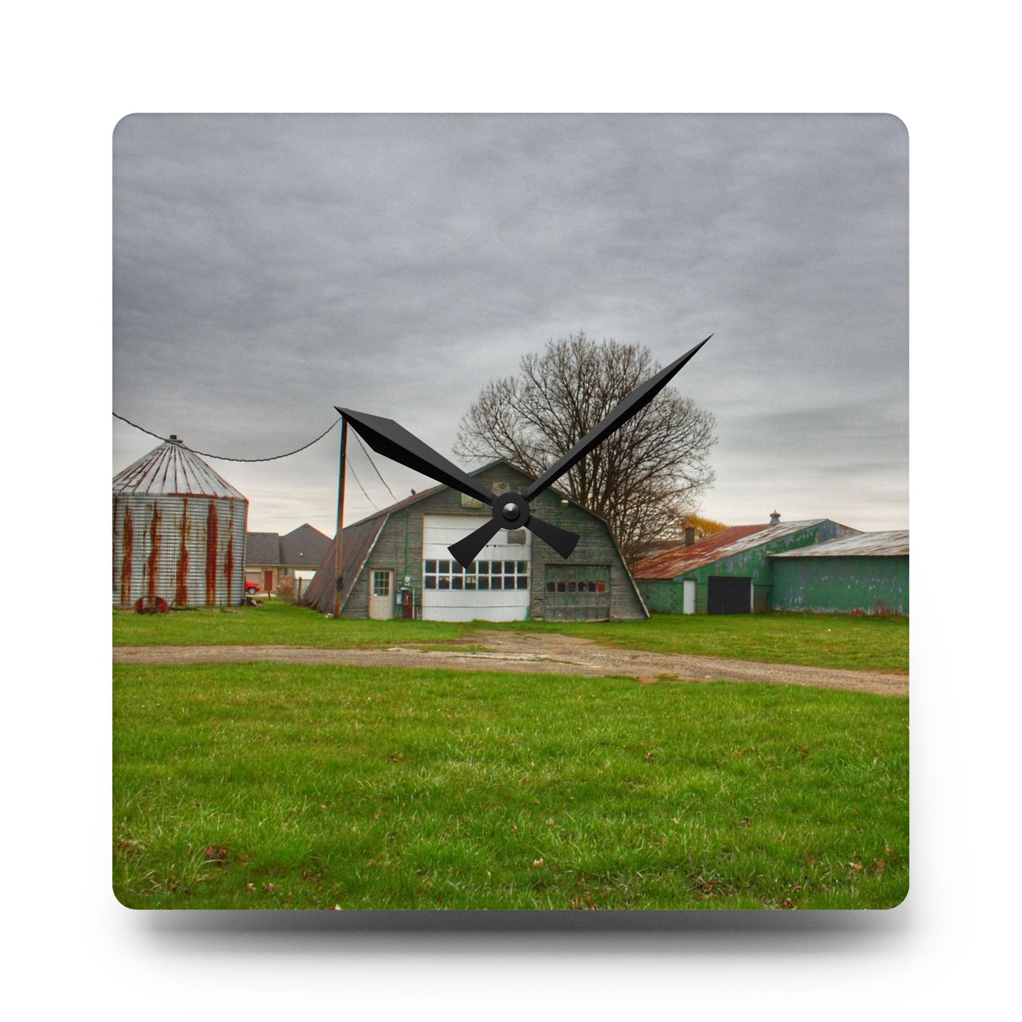 U R There Photography Hough Road Green Quonset IV Rustic Farmhouse Acrylic Analog Wall Clock