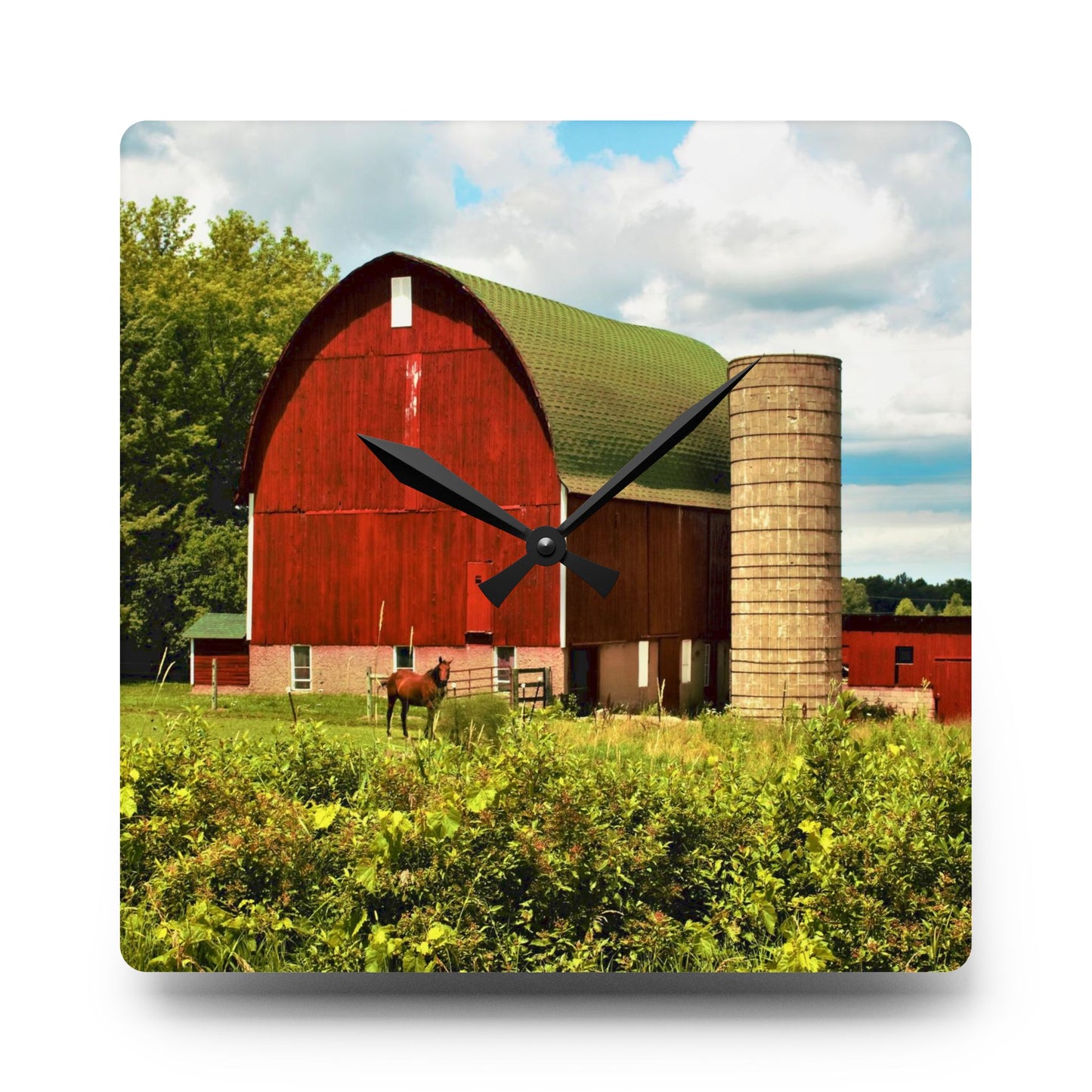 Rustic Farmhouse Wall Clock featuring Red Barn and Horses