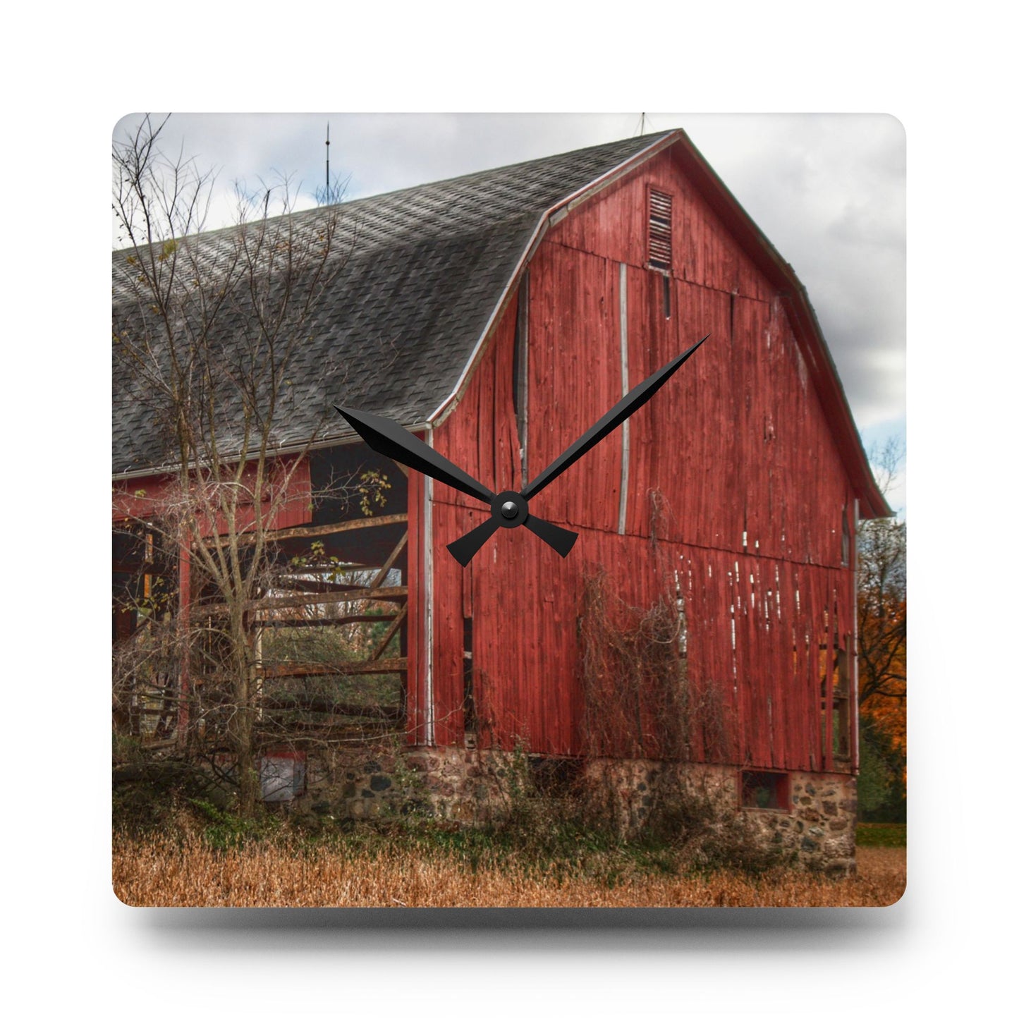 U R There Photography Laur Road Forgotten Red II Rustic Farmhouse Acrylic Analog Wall Clock