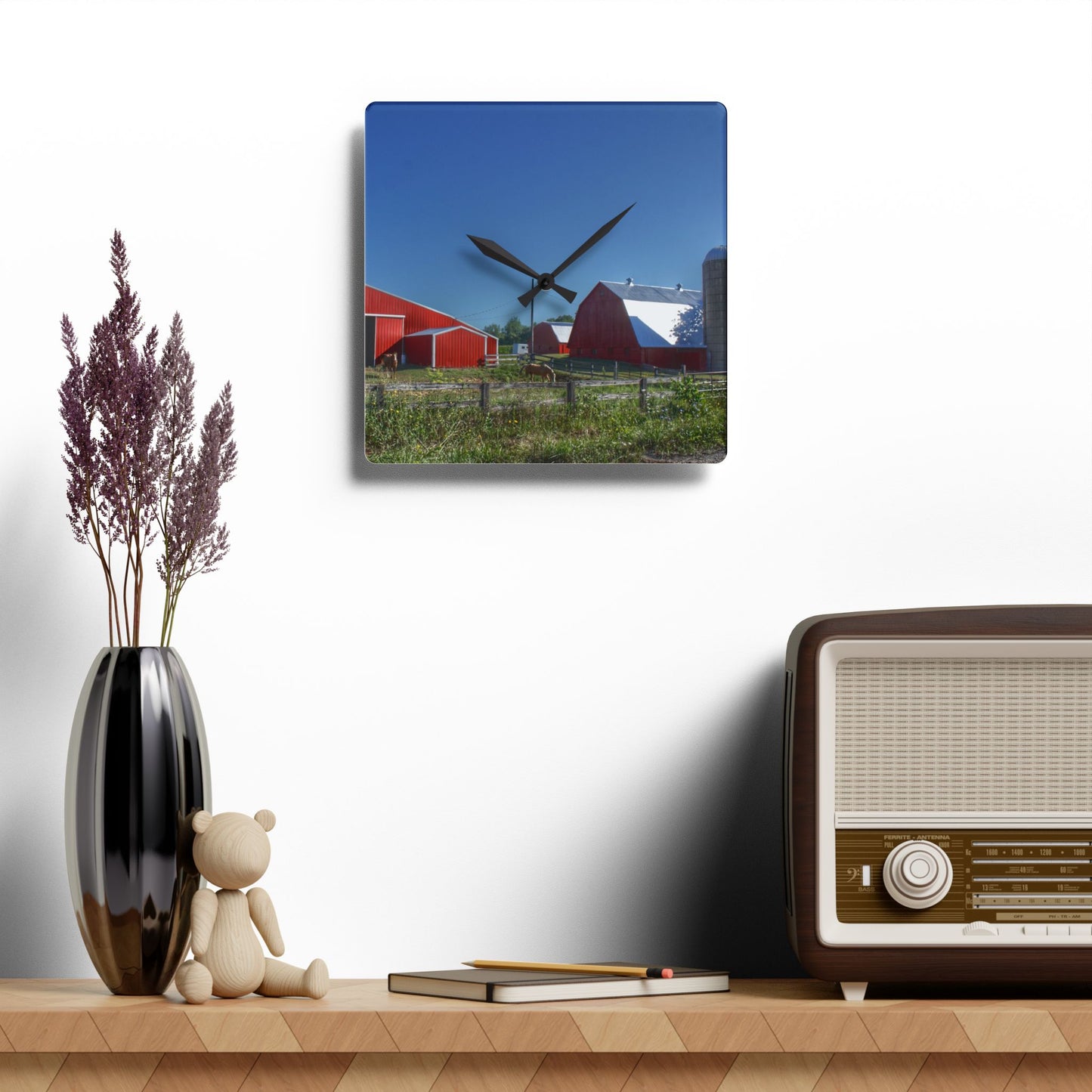 U R There Photography Mount Morris Road Farm and Horse Rustic Farmhouse Acrylic Analog Wall Clock