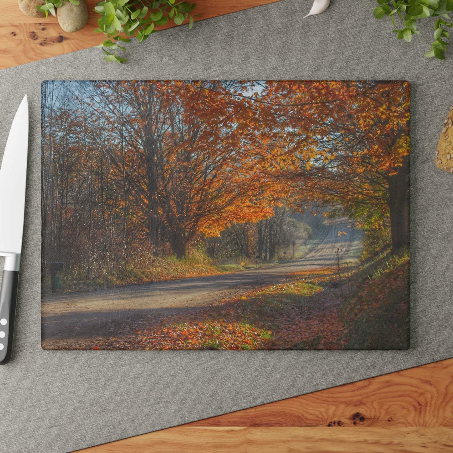 U R There Photography Fall on Oak Road Rustic Farmhouse Tempered-Glass Cutting Board