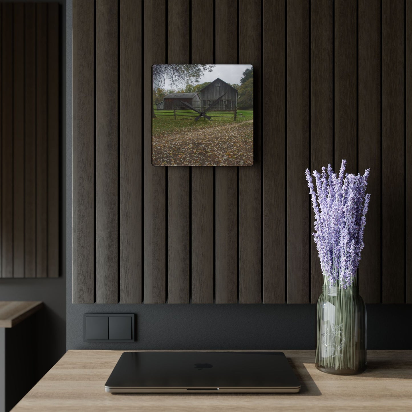 U R There Photography Wilder Road Greys II Rustic Farmhouse Acrylic Analog Wall Clock